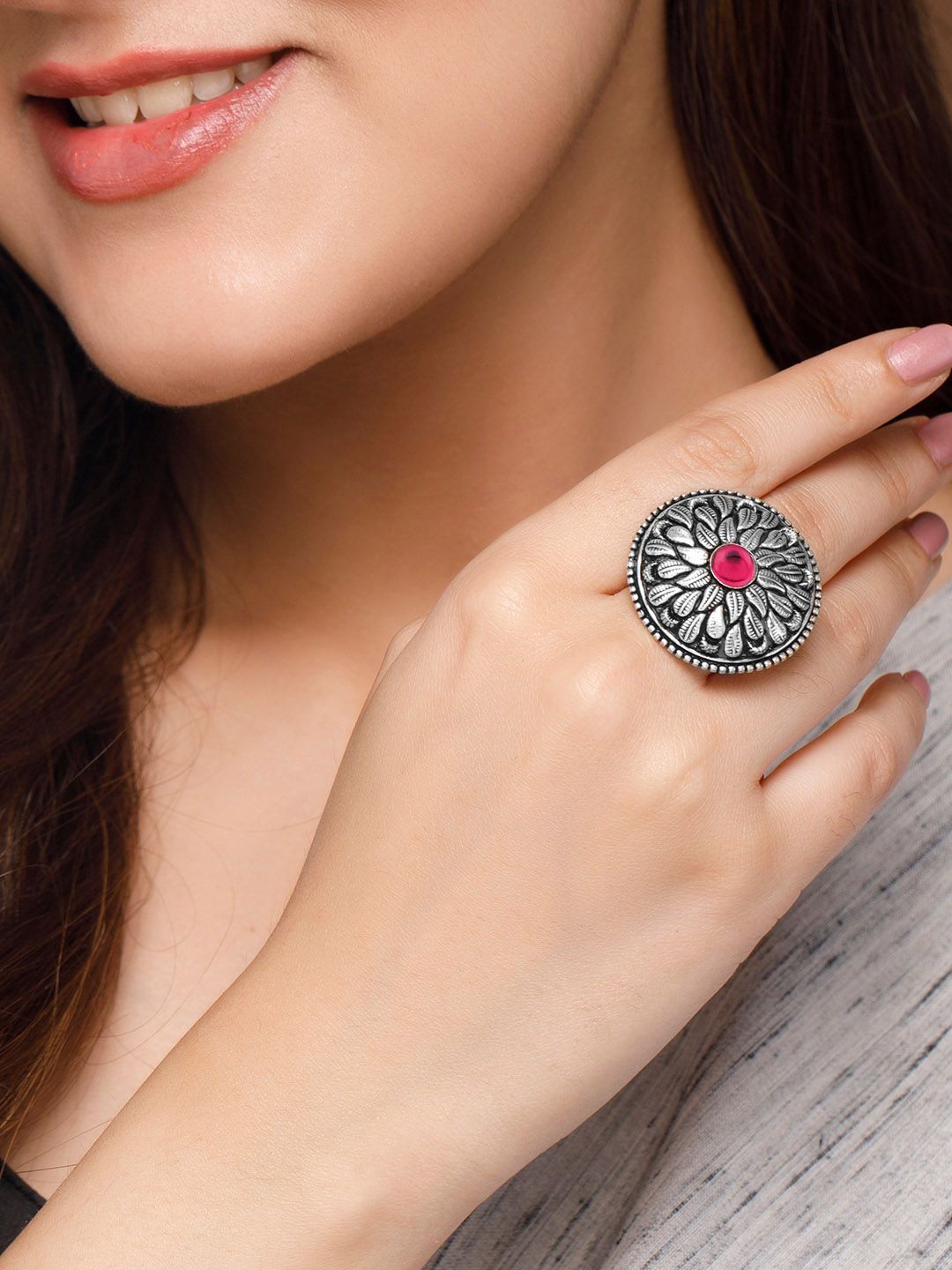 Rubans Oxidised Silver-Plated Red Stone Studded Finger Ring Price in India