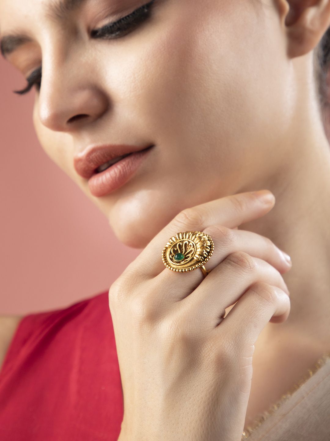 Rubans Gold-Plated & Green Stone-Studded Finger Ring Price in India