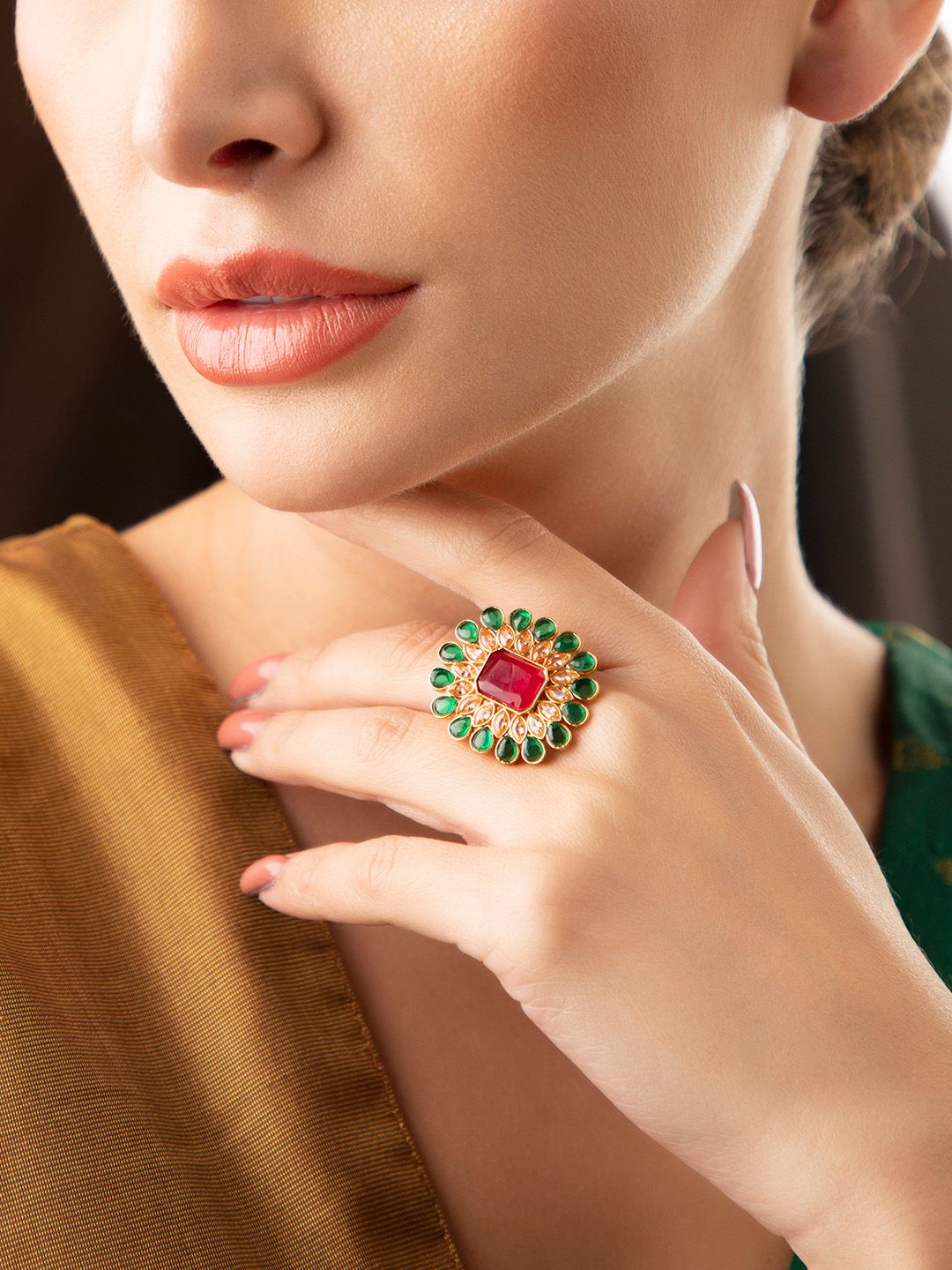 Rubans 22K Gold-Plated Red & Green Kundan & Stone Studded Adjustable Finger Ring Price in India
