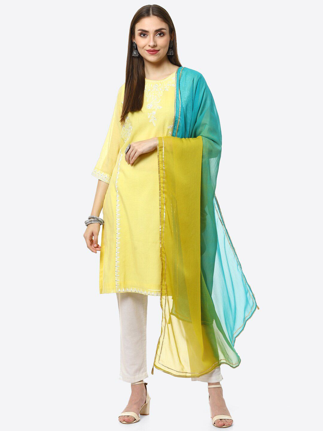 Rangriti Lime Green & Yellow Solid Dupatta with Zari Price in India