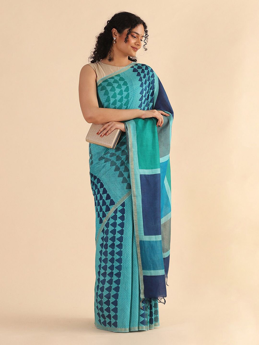 Taneira Blue & Silver-Toned Printed Zari Pure Silk Tussar Saree Price in India