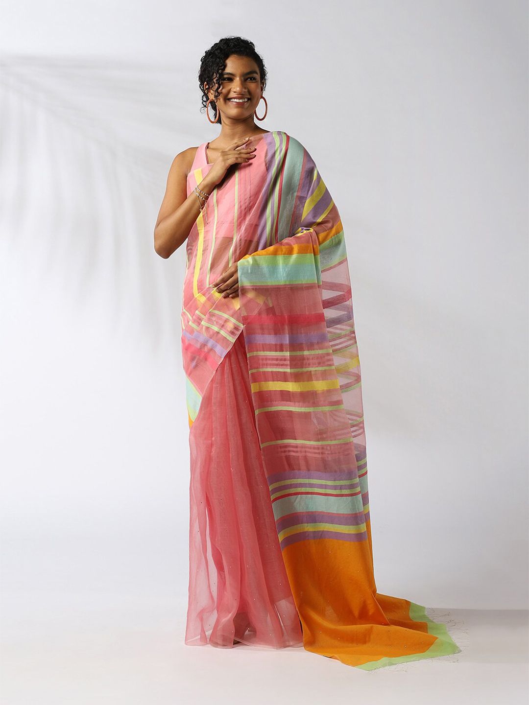 Taneira Red & Yellow Striped Organza Saree Price in India