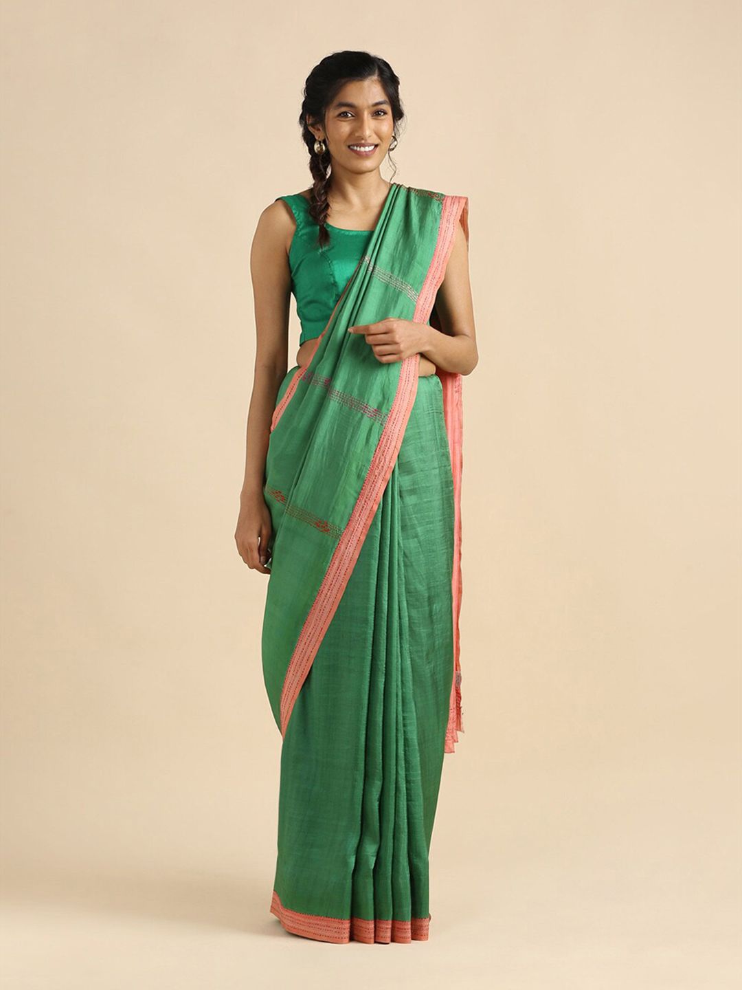 Taneira Green & Peach-Coloured Kantha Work Pure Silk Saree Price in India