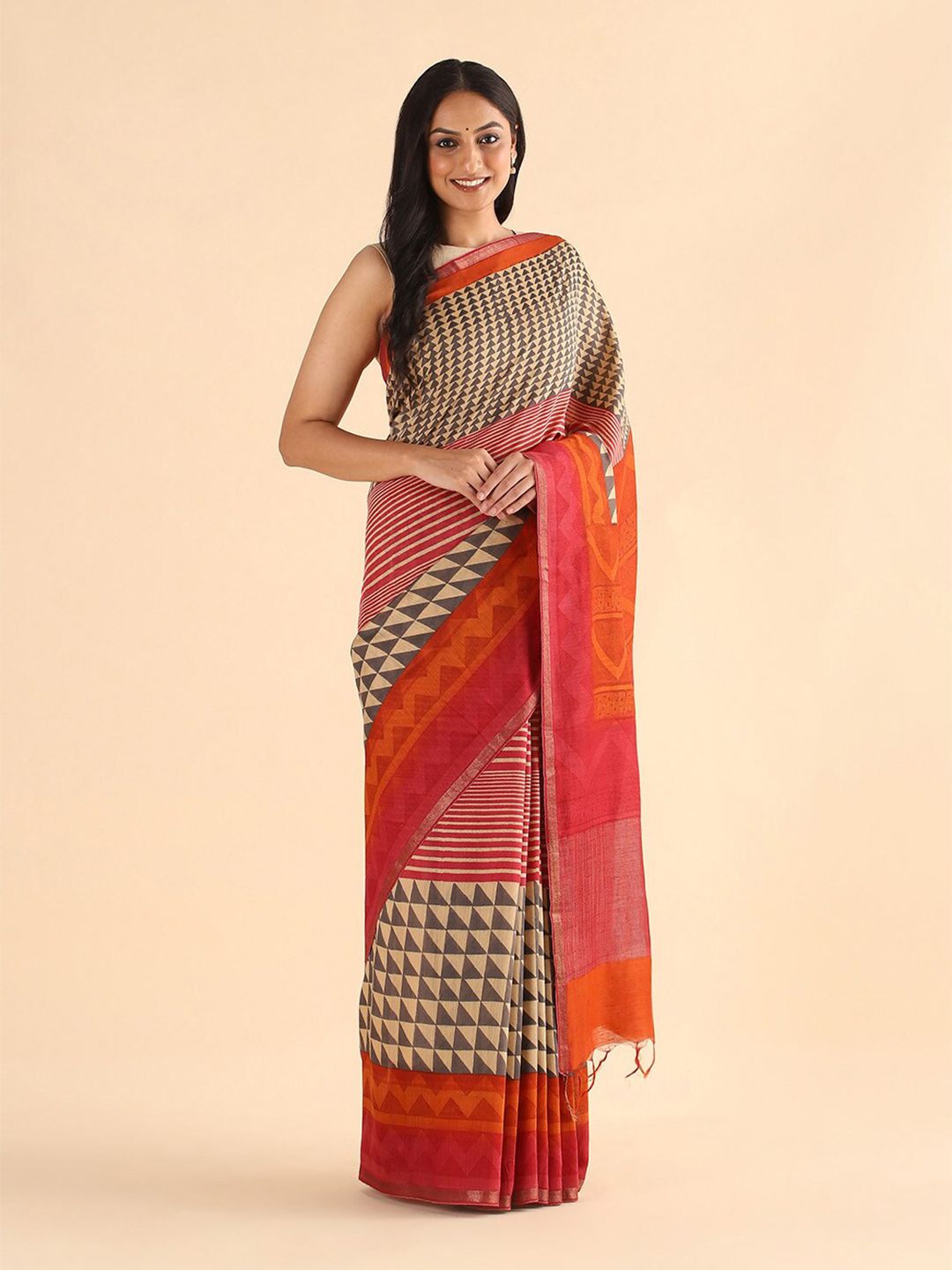 Taneira Grey & Red Zari Pure Silk Tussar Saree Price in India