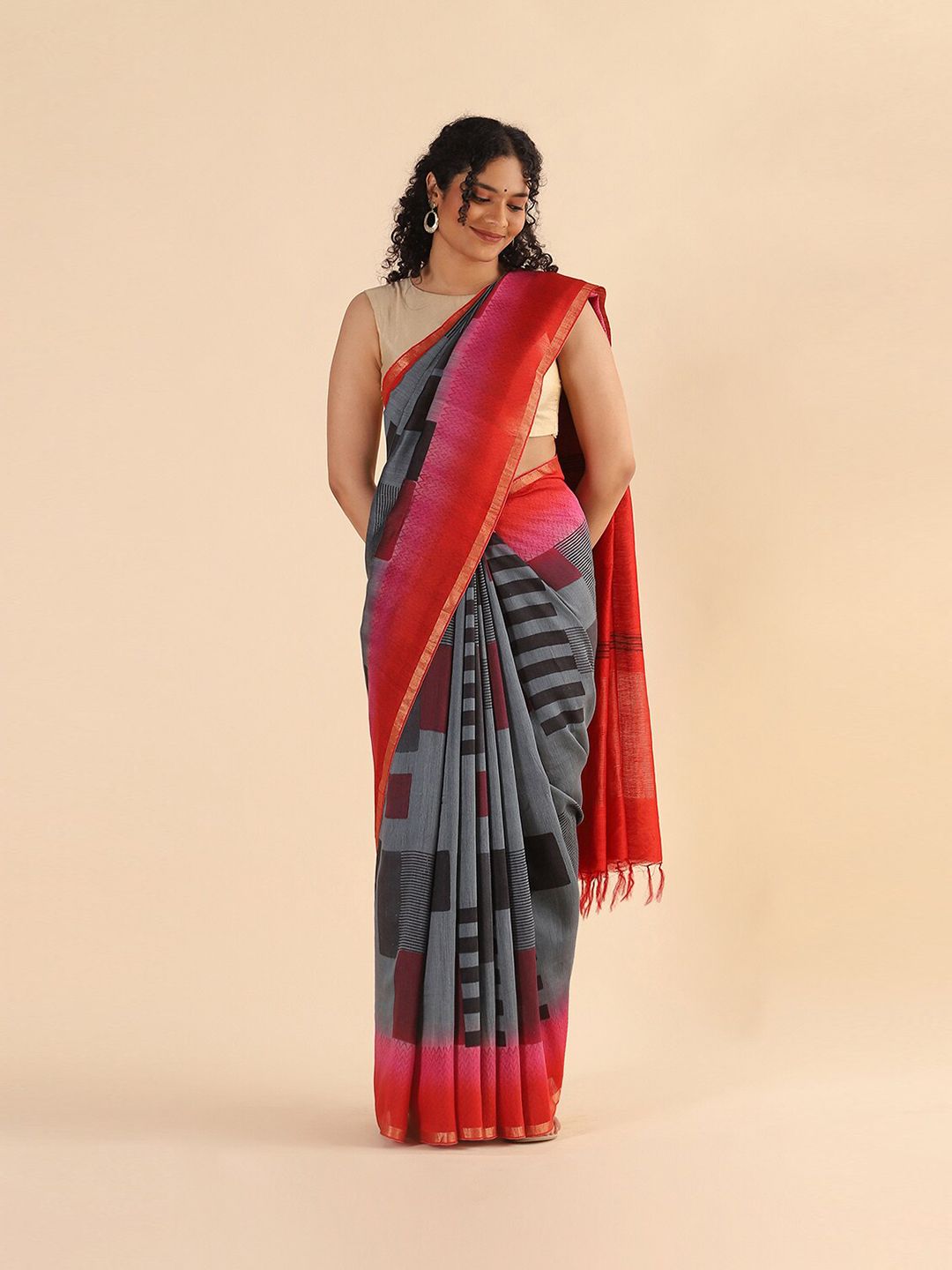 Taneira Beige & Red Printed Pure Silk Tussar Saree Price in India