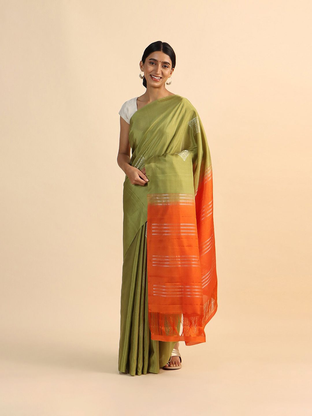 Taneira Green & Orange Ethnic Motifs Pure Silk Saree Price in India