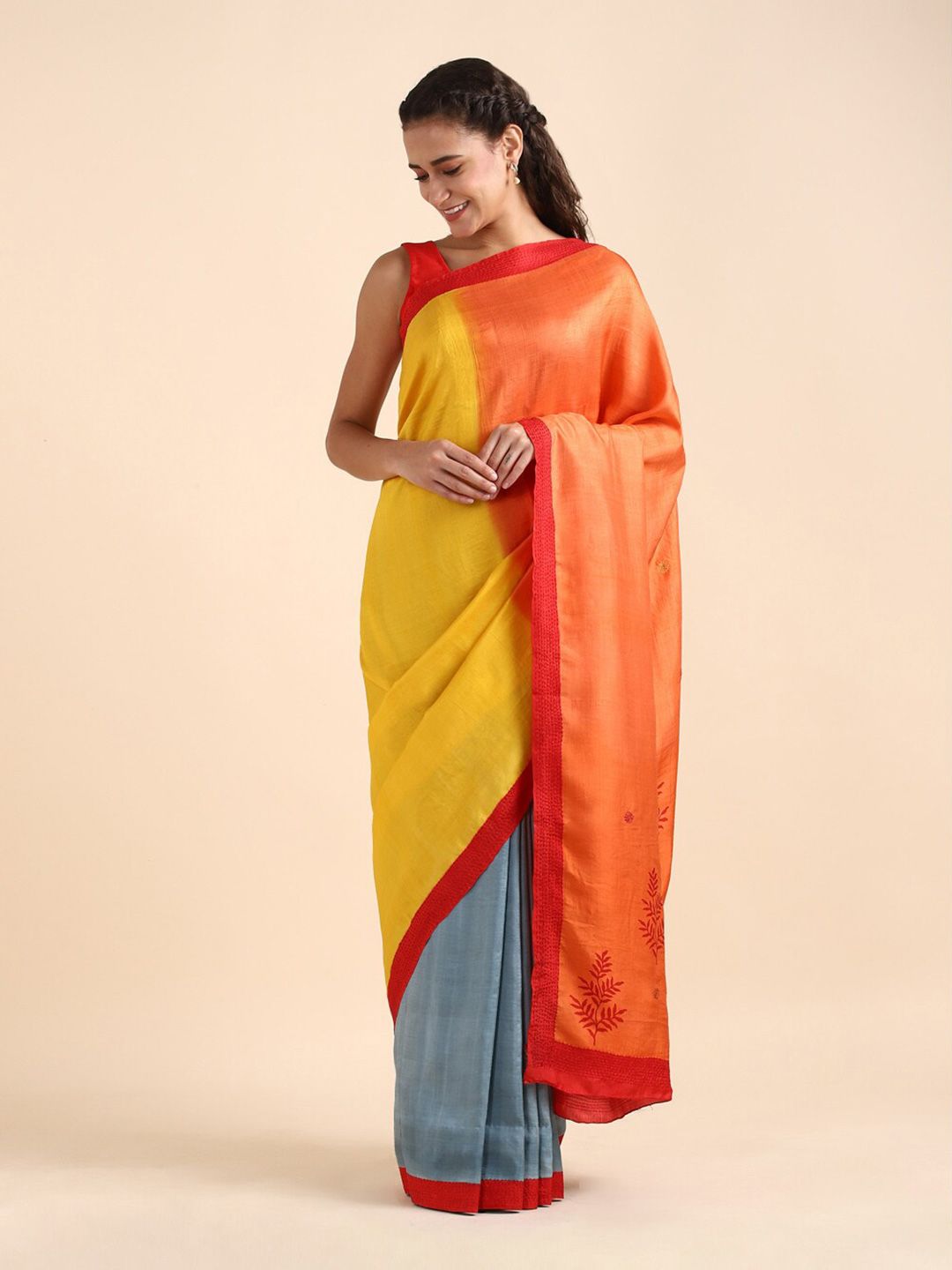 Taneira Yellow & Red Floral Pure Silk Saree Price in India