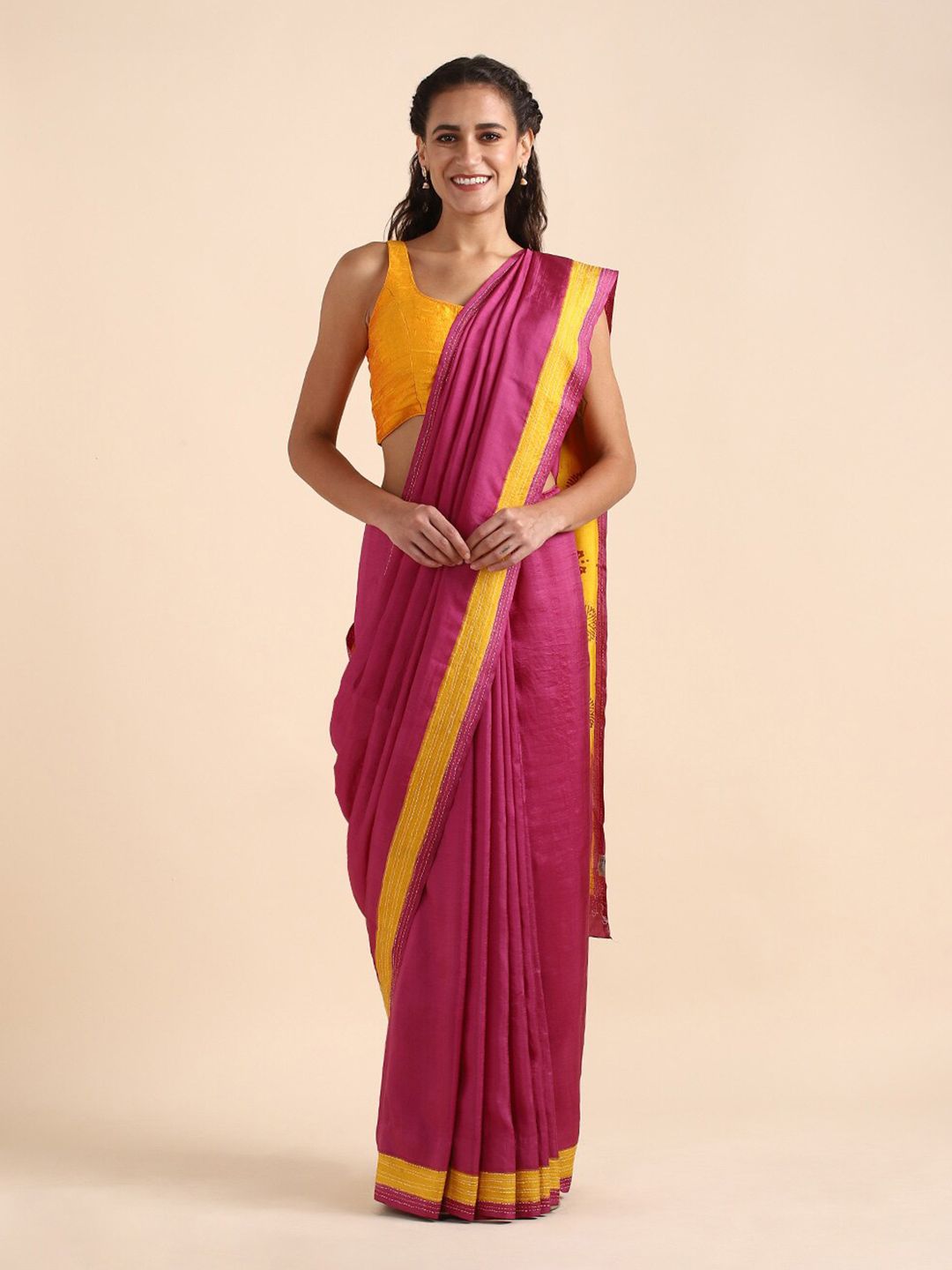 Taneira Purple & Yellow Floral Zari Pure Silk Saree Price in India