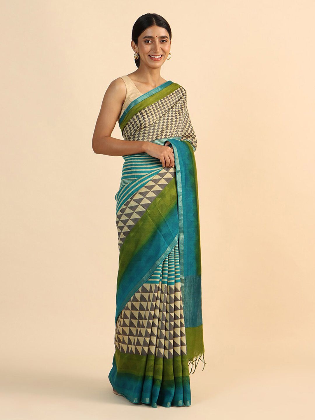 Taneira Beige & Blue Zari Pure Silk Tussar Saree Price in India