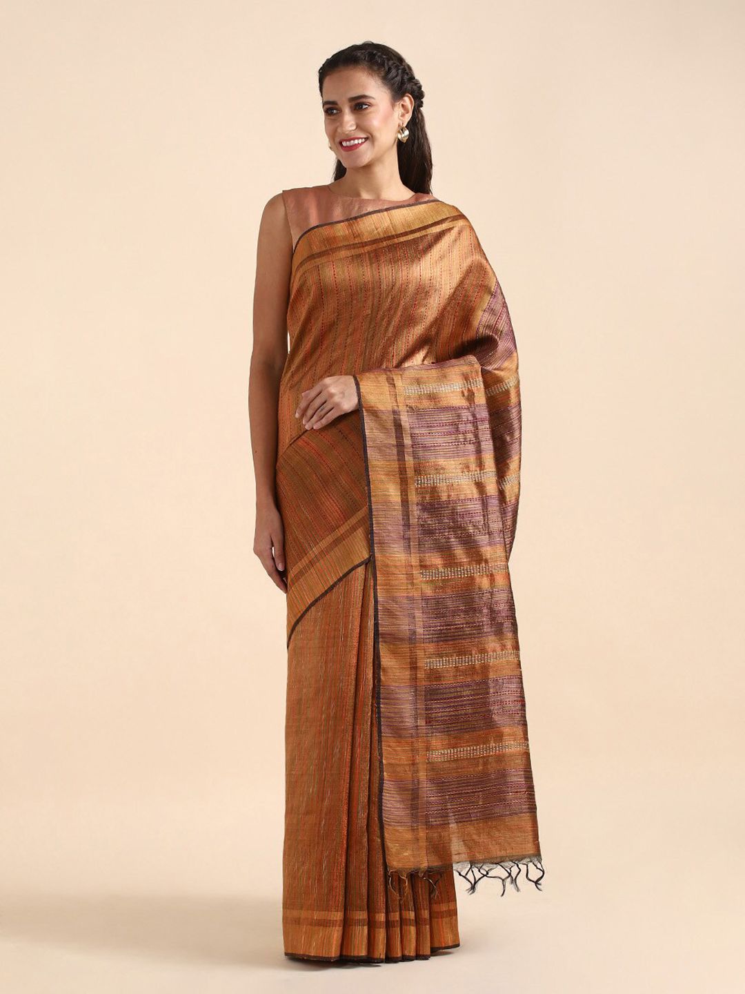 Taneira Brown & Purple Striped Zari Pure Silk Tussar Saree Price in India