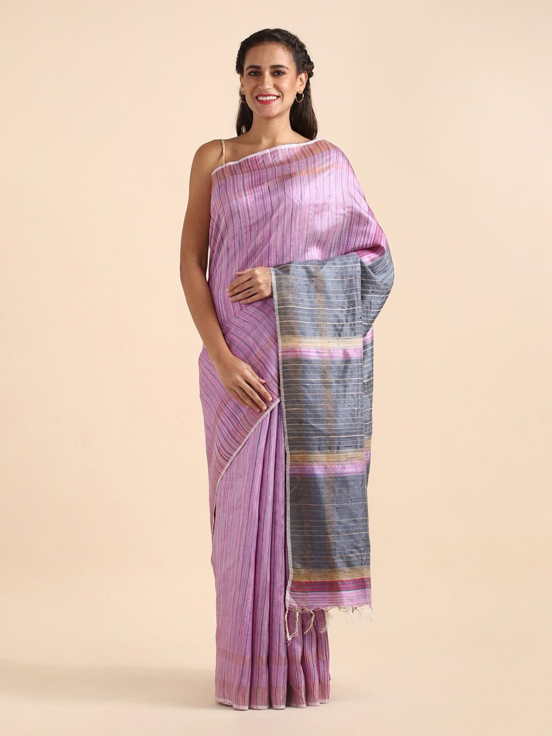 Taneira Purple & Navy Blue Striped Pure Silk Bhagalpuri Saree Price in India