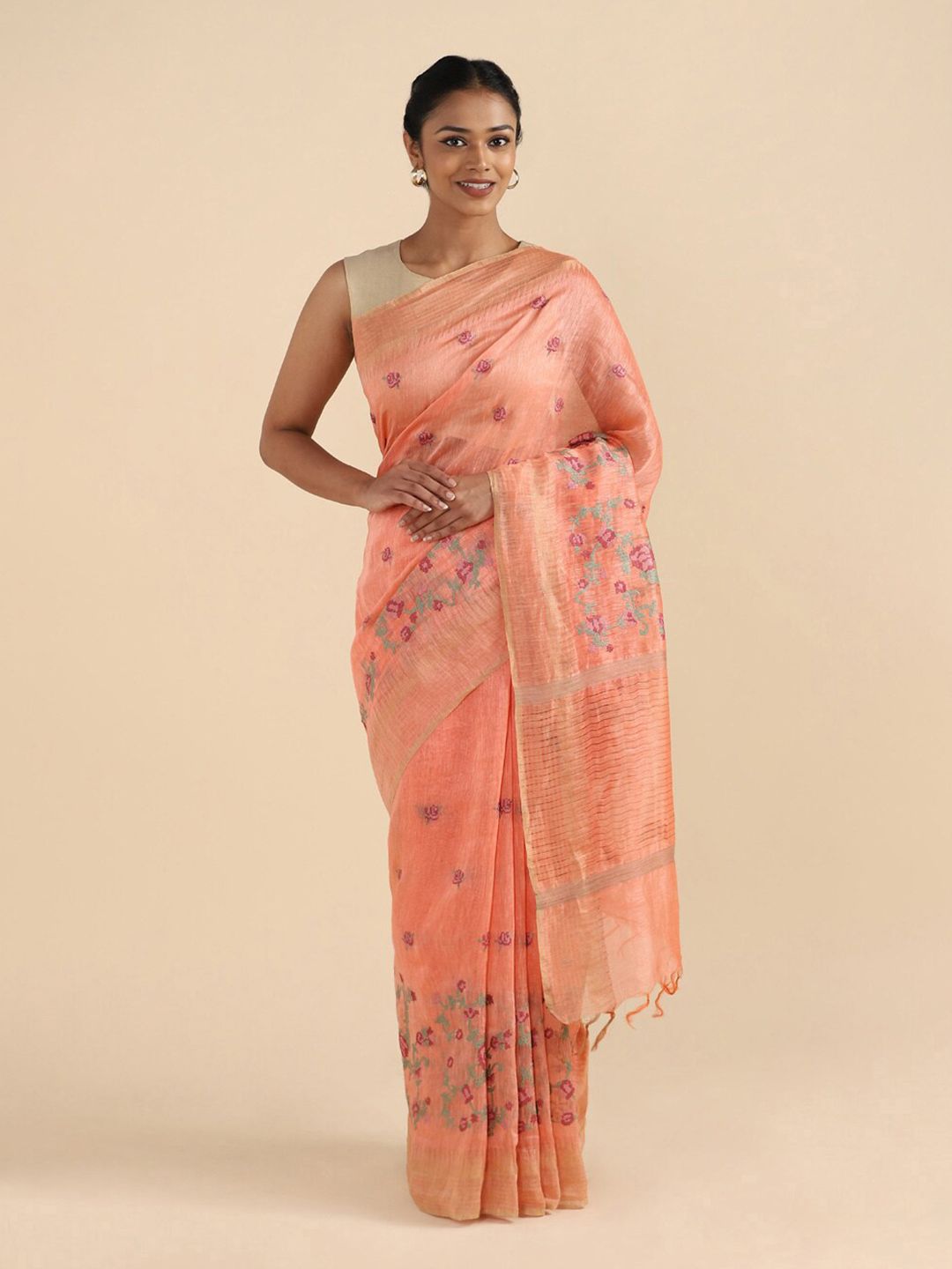 Taneira Orange & Pink Floral Embroidered Zari Silk Blend Saree Price in India