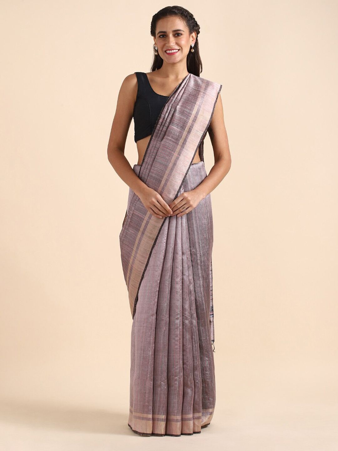 Taneira Violet & Beige Striped Zari Pure Silk Tussar Saree Price in India