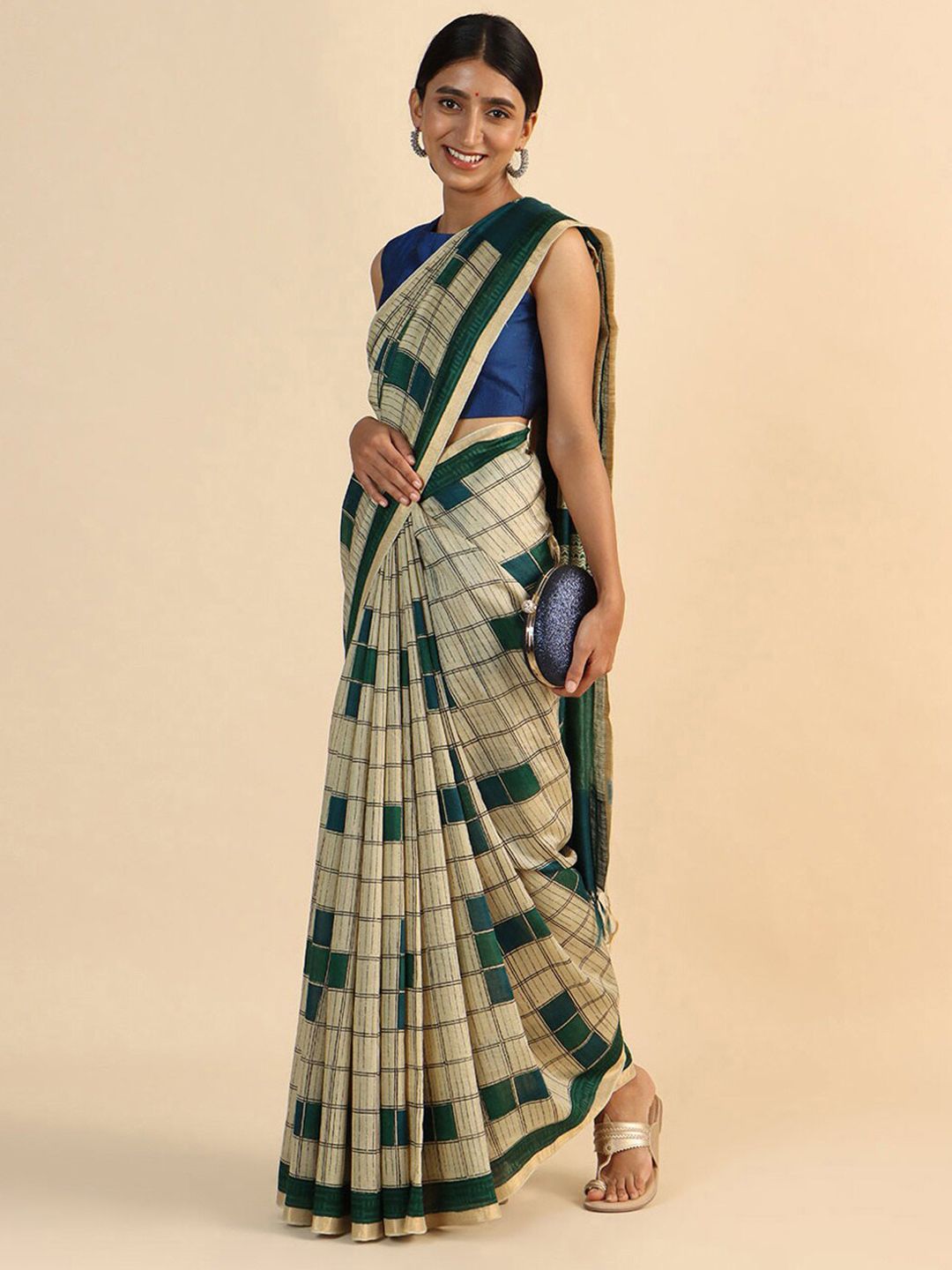 Taneira Beige & Green Checked Zari Pure Silk Tussar Saree Price in India