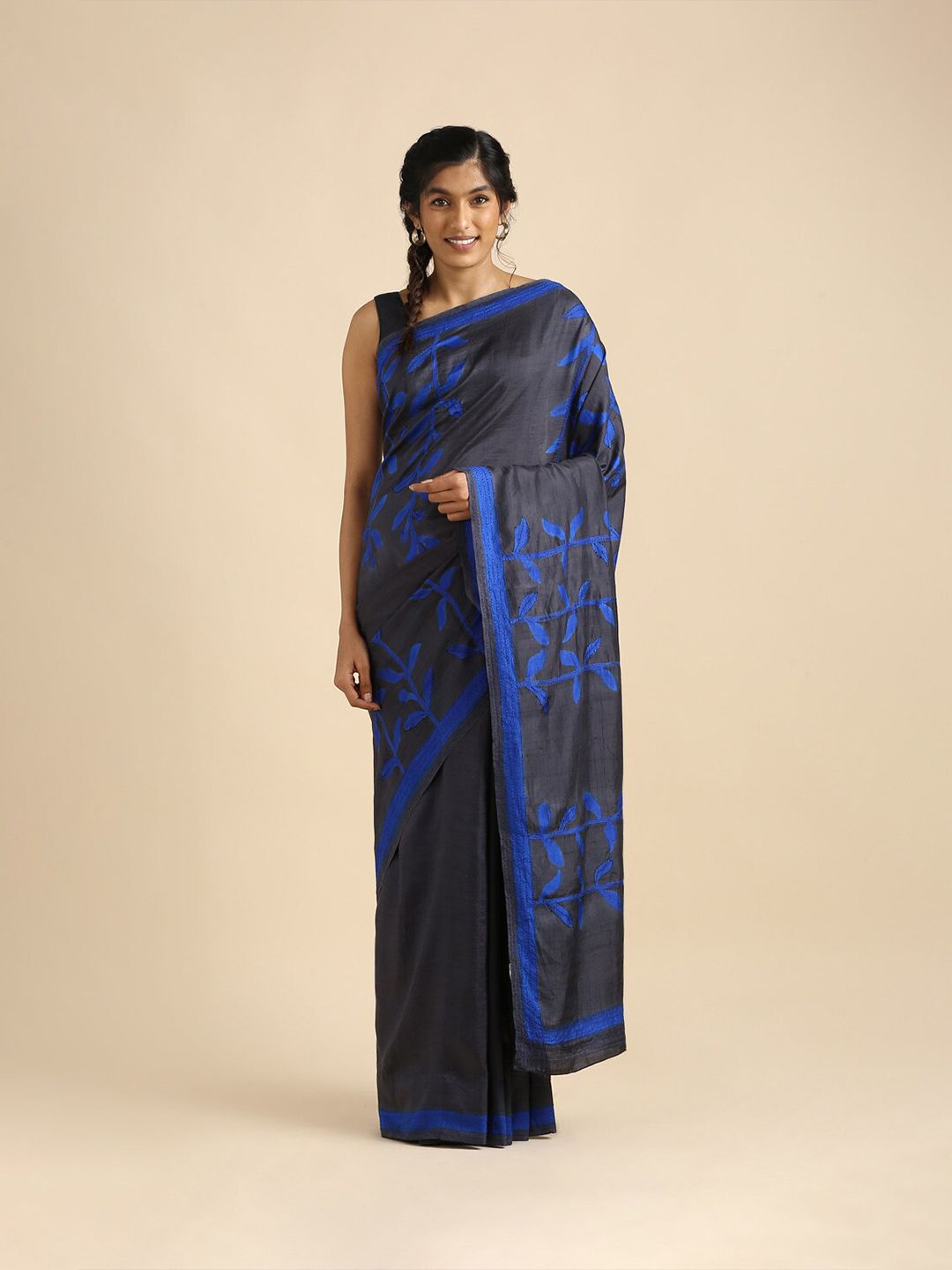 Taneira Black & Blue Floral Embroidered Silk Blend Saree Price in India