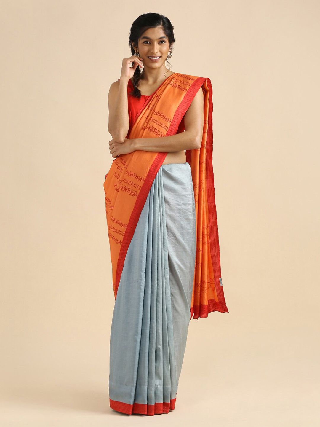 Taneira Orange & Grey Kantha Embroidered Pure Silk Saree Price in India