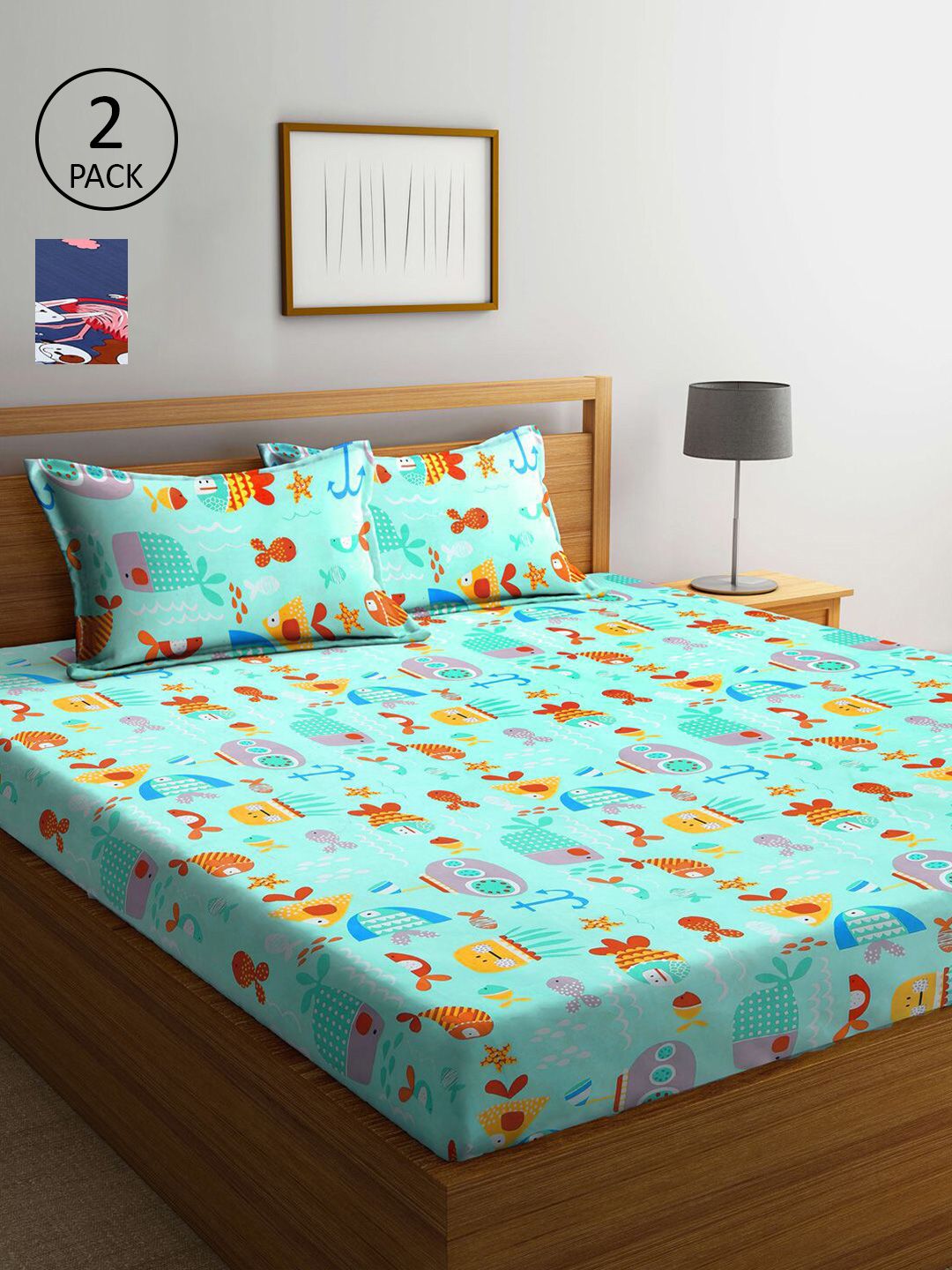 KLOTTHE Sea Green & Navy Blue Printed 210 TC 2 King Bedsheet with 4 Pillow Covers Price in India