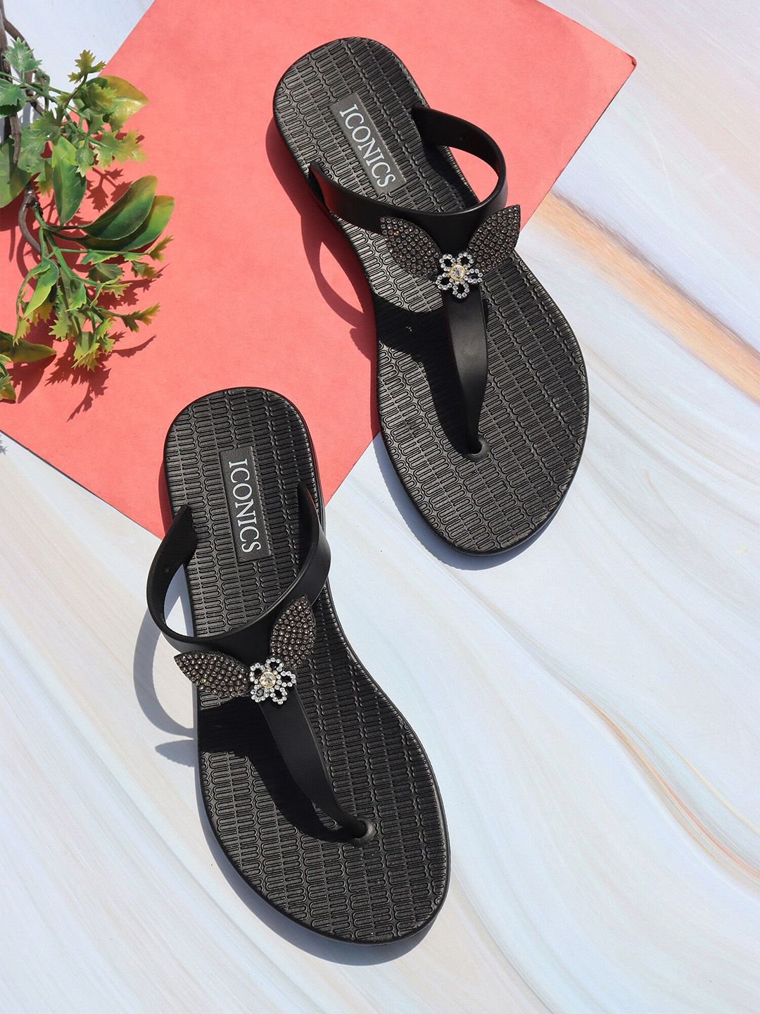 ICONICS Women Black Thong Flip-Flops Price in India