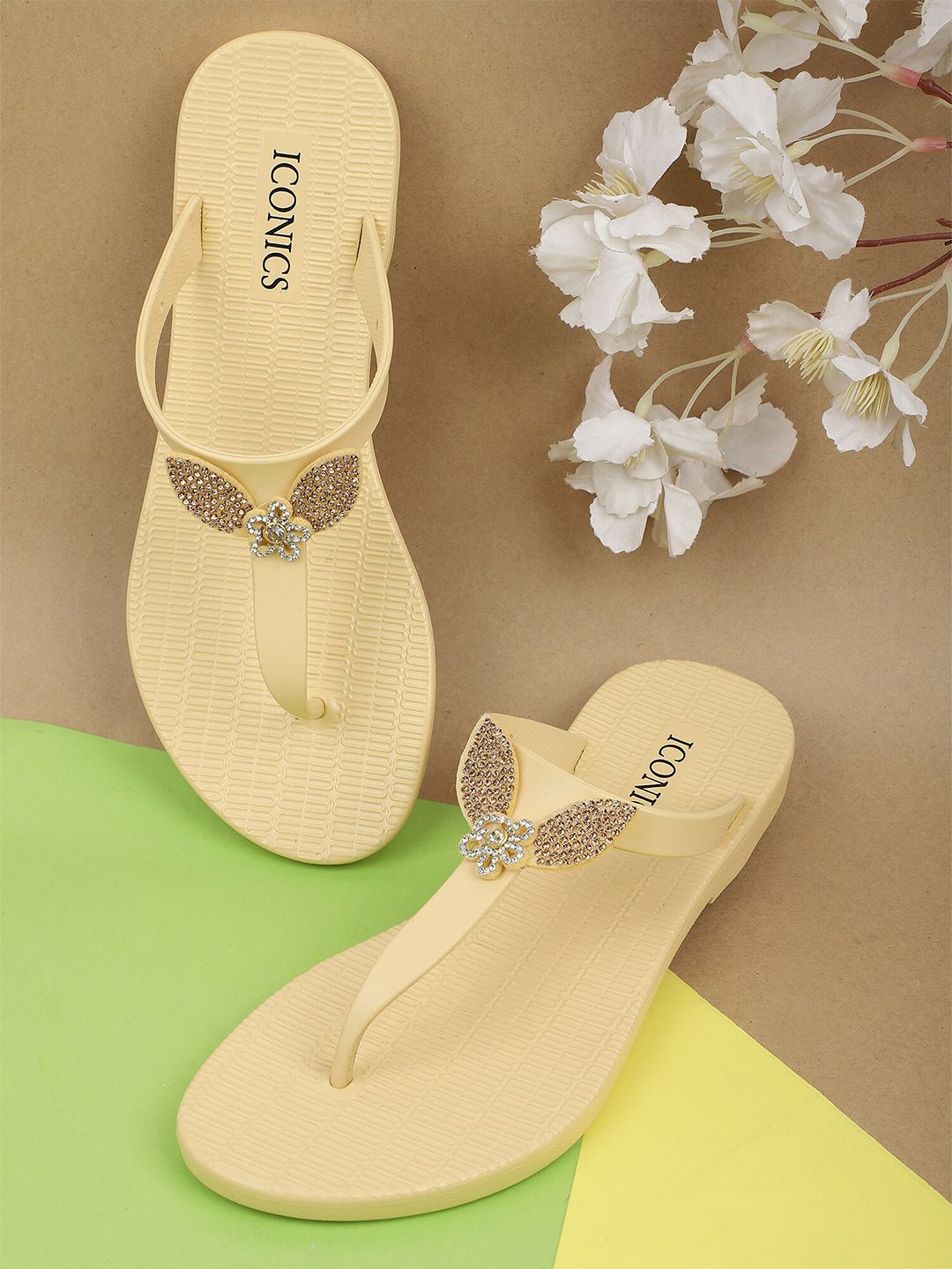 ICONICS Women Yellow & Brown Thong Flip-Flops Price in India