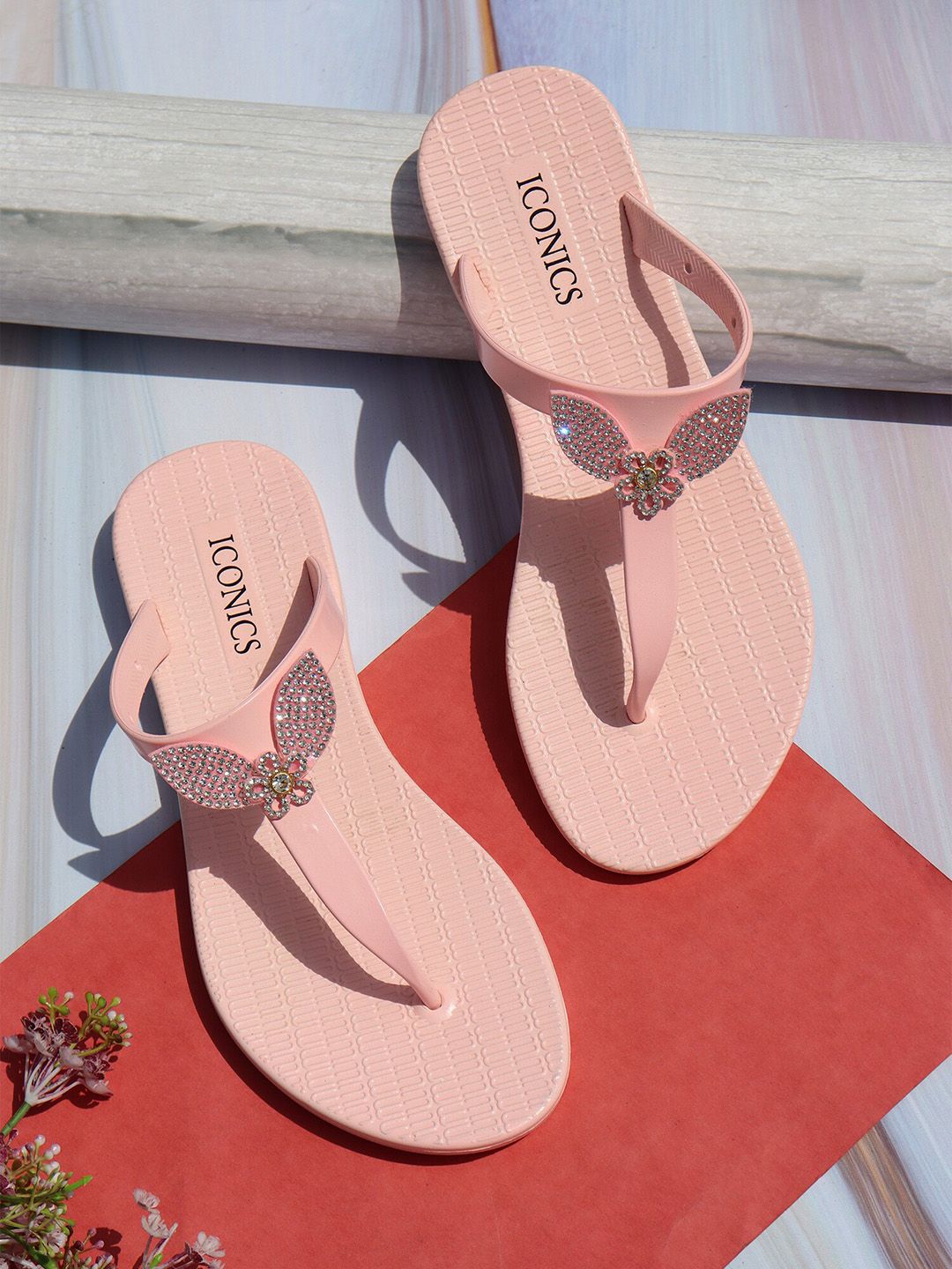 ICONICS Women Pink Embellished Thong Flip-Flops Price in India