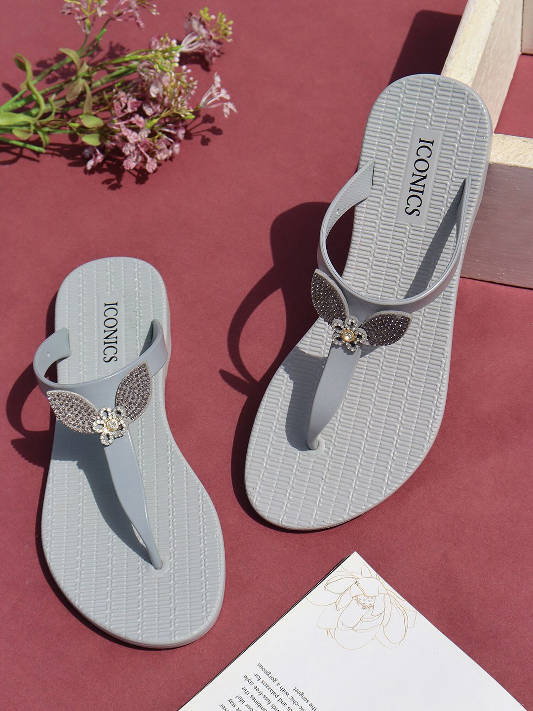 ICONICS Women Grey & White Thong Flip-Flops Price in India