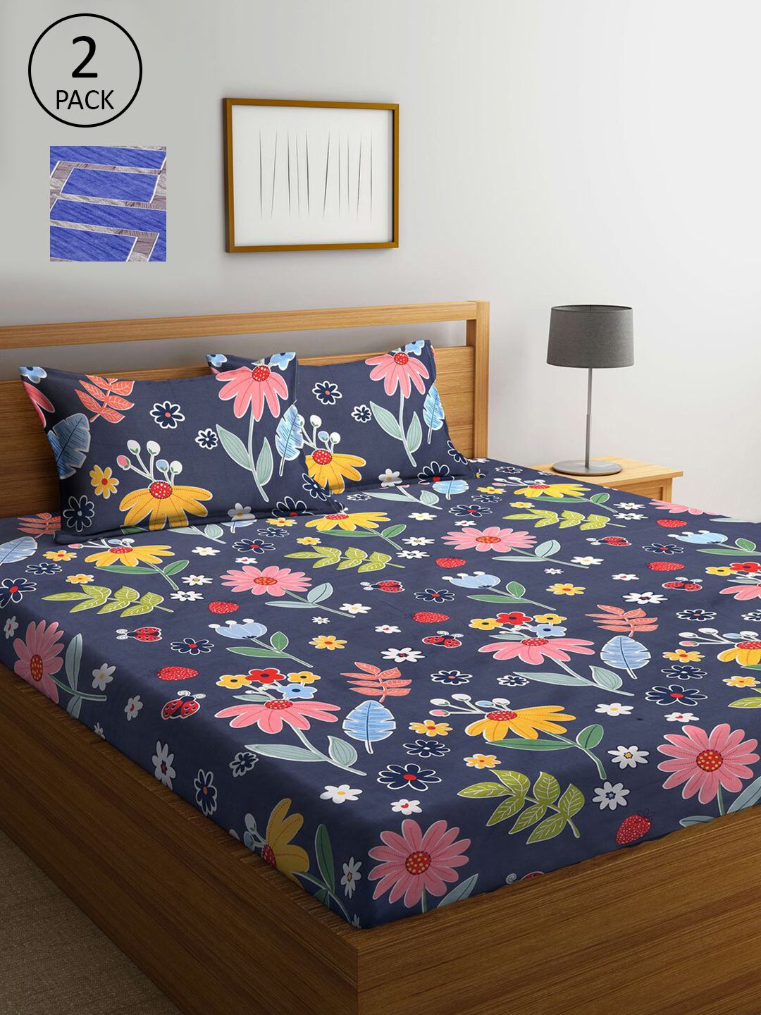 KLOTTHE Navy Blue & Blue Floral 210 TC 2 King Bedsheet with 4 Pillow Covers Price in India