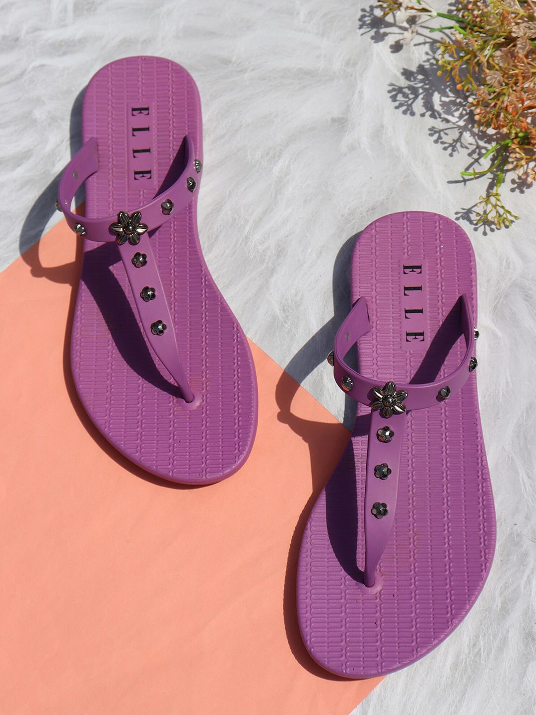 ELLE Women Purple Embellished T-Strap Flats Price in India