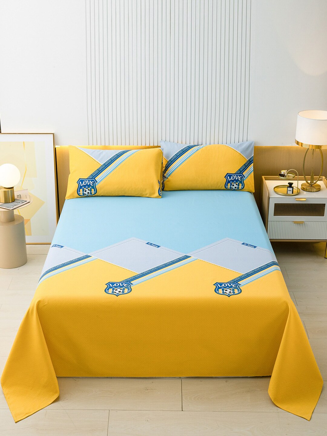 JC Collection Yellow & Blue 144 TC Printed King Cotton Bedsheet Price in India