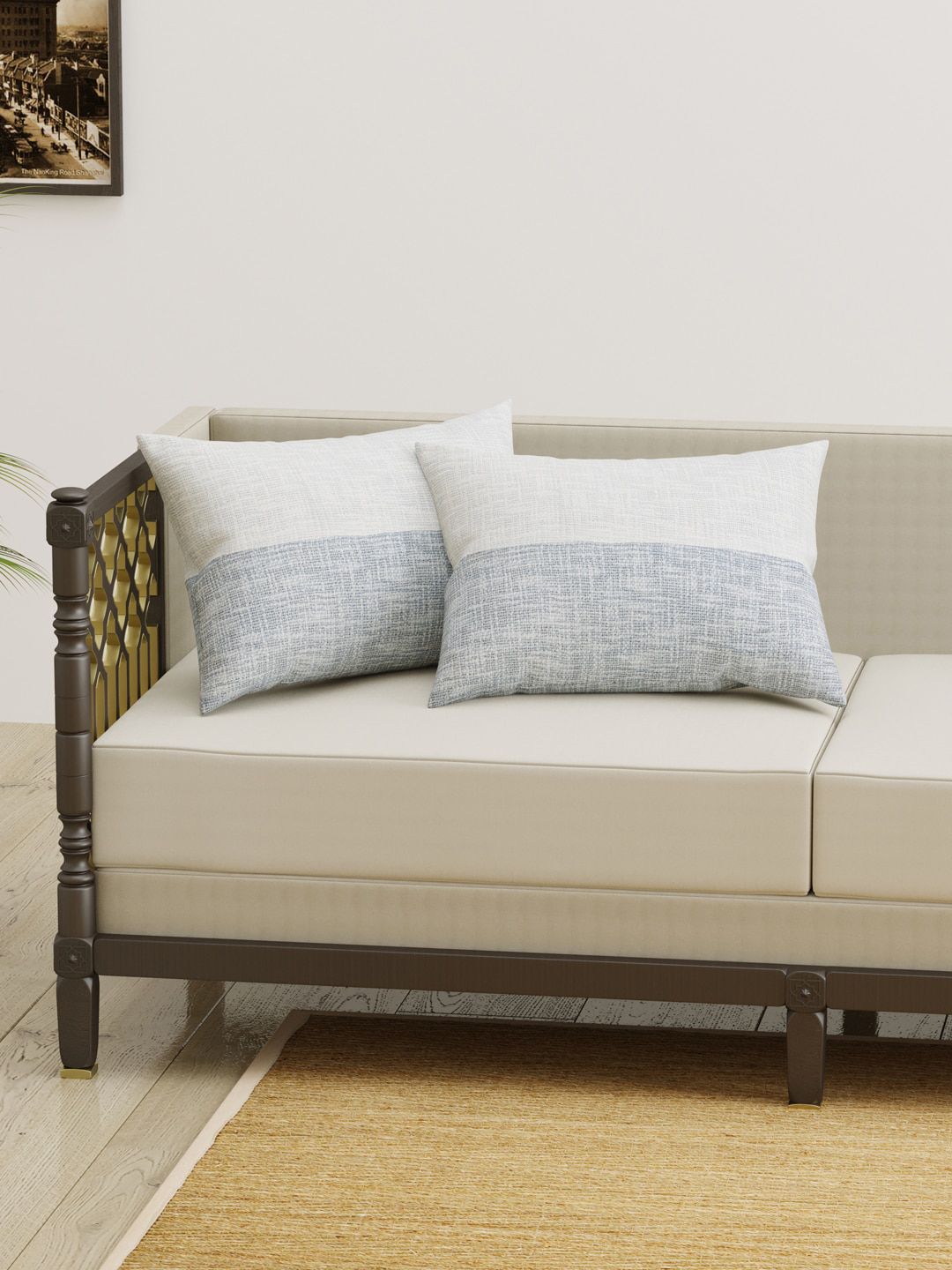 Gulaab Jaipur Grey & White Set of 2 Colourblocked Rectangle Jute Cotton Cushion Covers Price in India