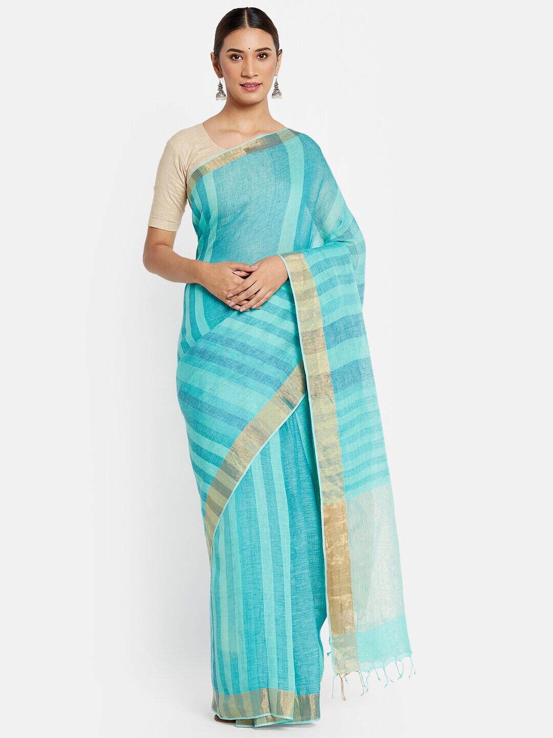 Fabindia Turquoise Blue Striped Pure Linen Saree Price in India