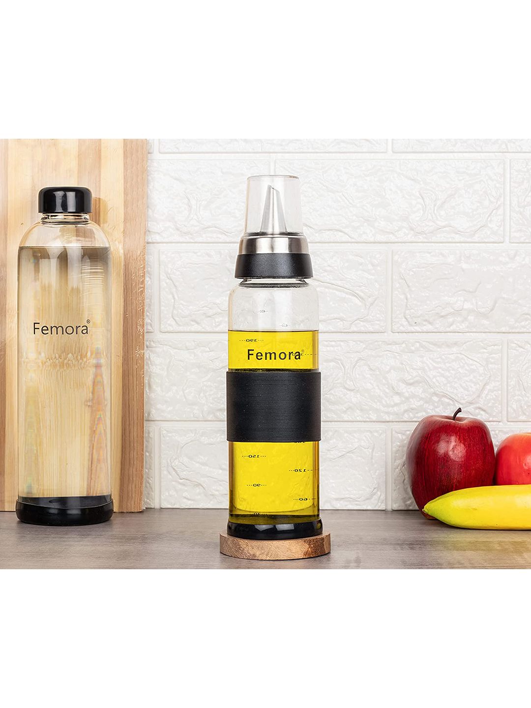 Femora Transparent & Black Set of 2 Borosilicate Glass SS Metallic Lid Oil Bottle Jar Dispenser Price in India