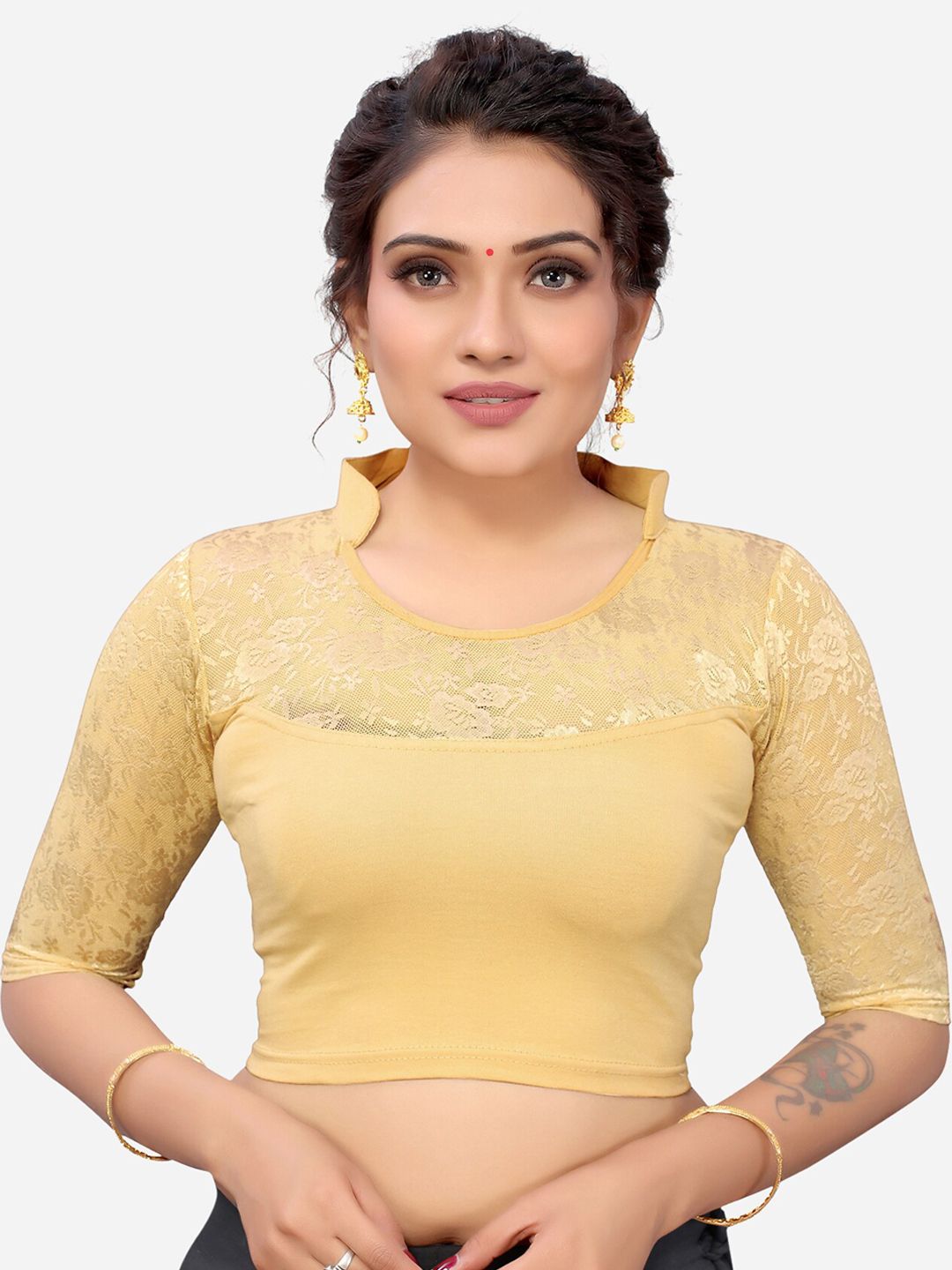 SIRIL Women Beige-Colored Lycra Woven Design Saree Blouse Price in India