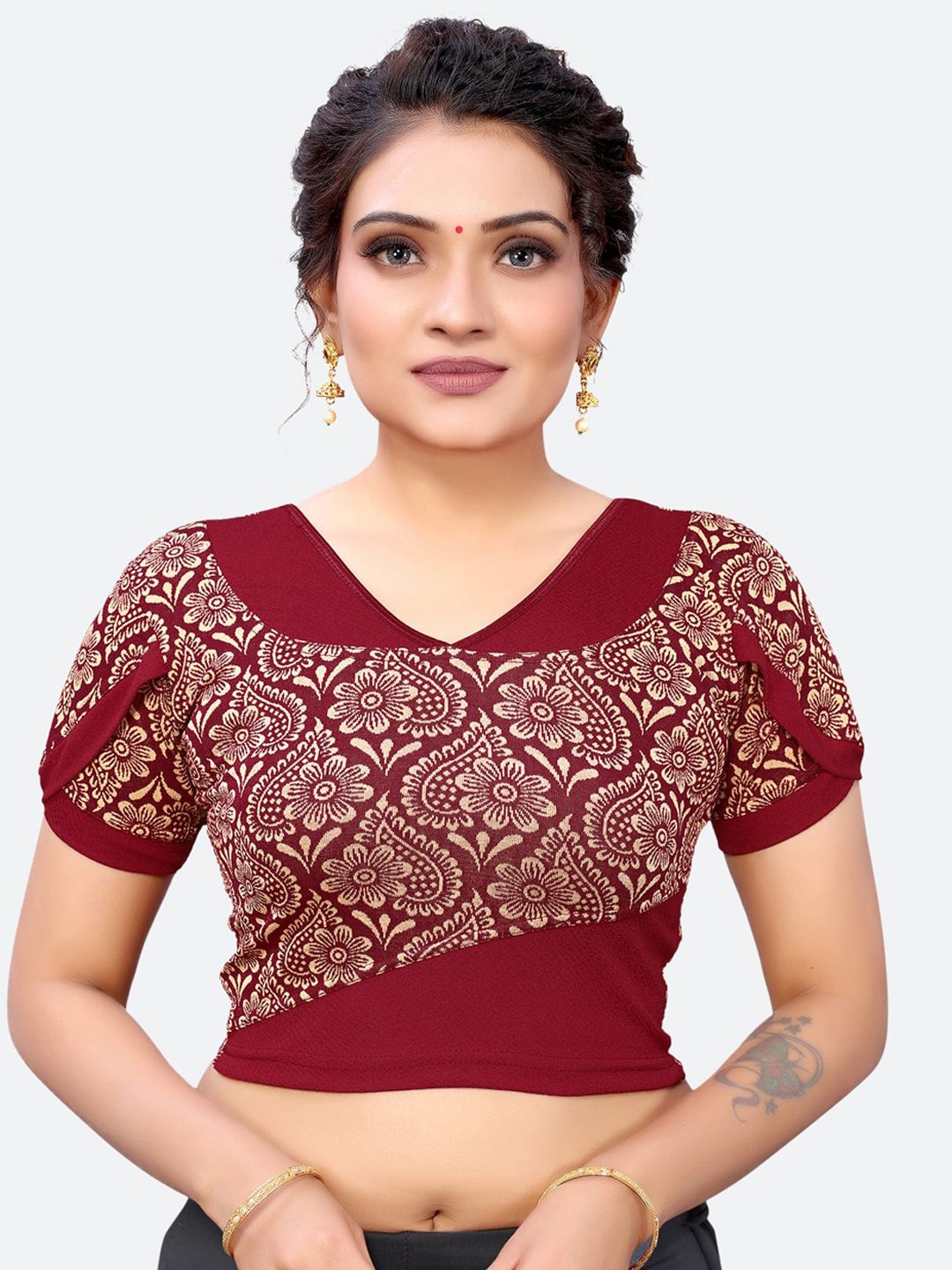 SIRIL Maroon & Beige Woven Design Saree Blouse Price in India