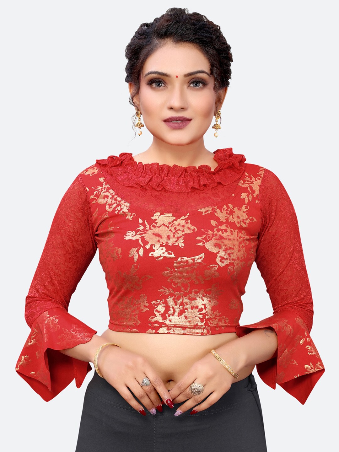 SIRIL Women Red & Gold Embellished Saree Blouse Price in India