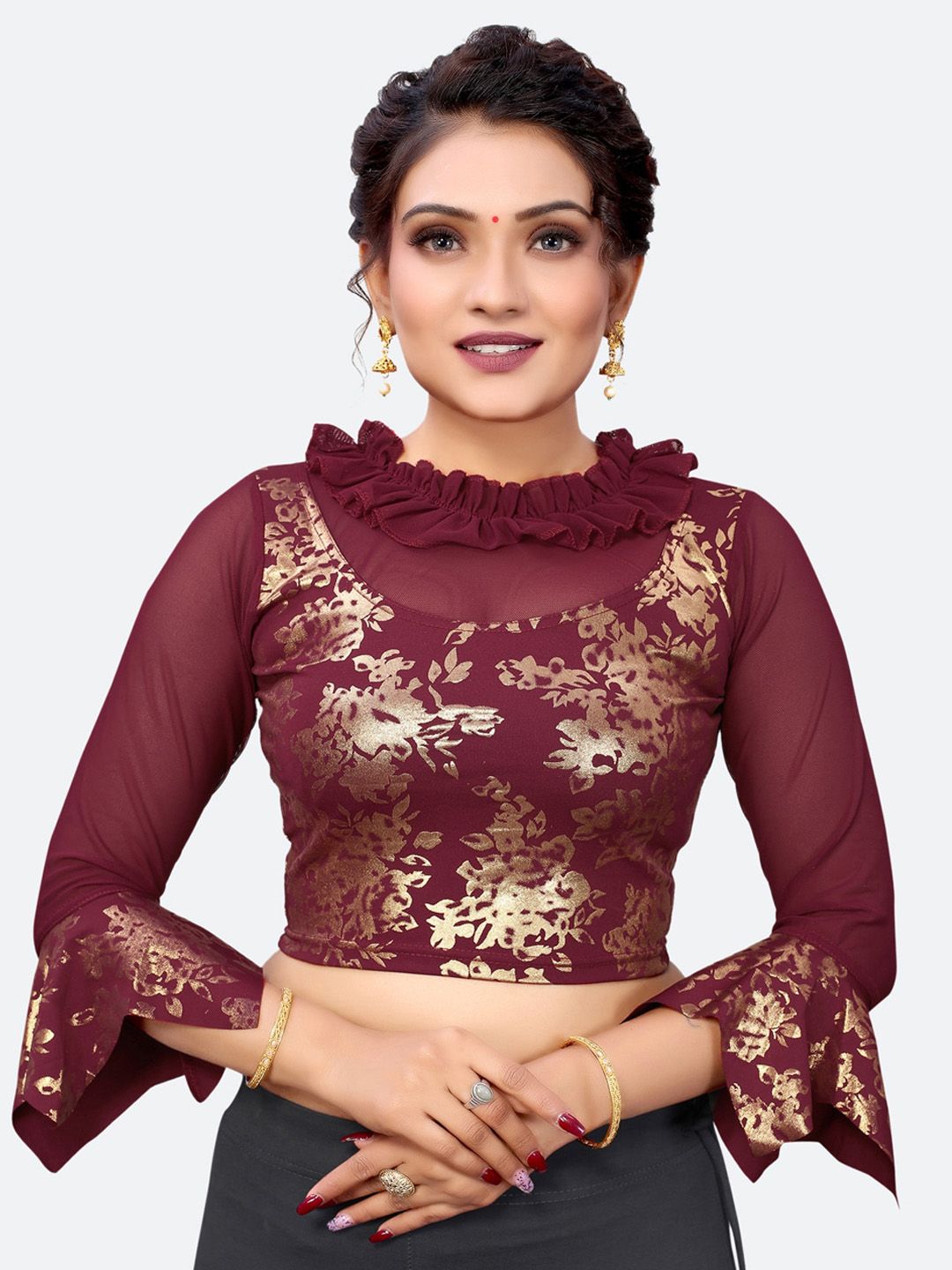 SIRIL Maroon & Golden Embellished Saree Blouse Price in India