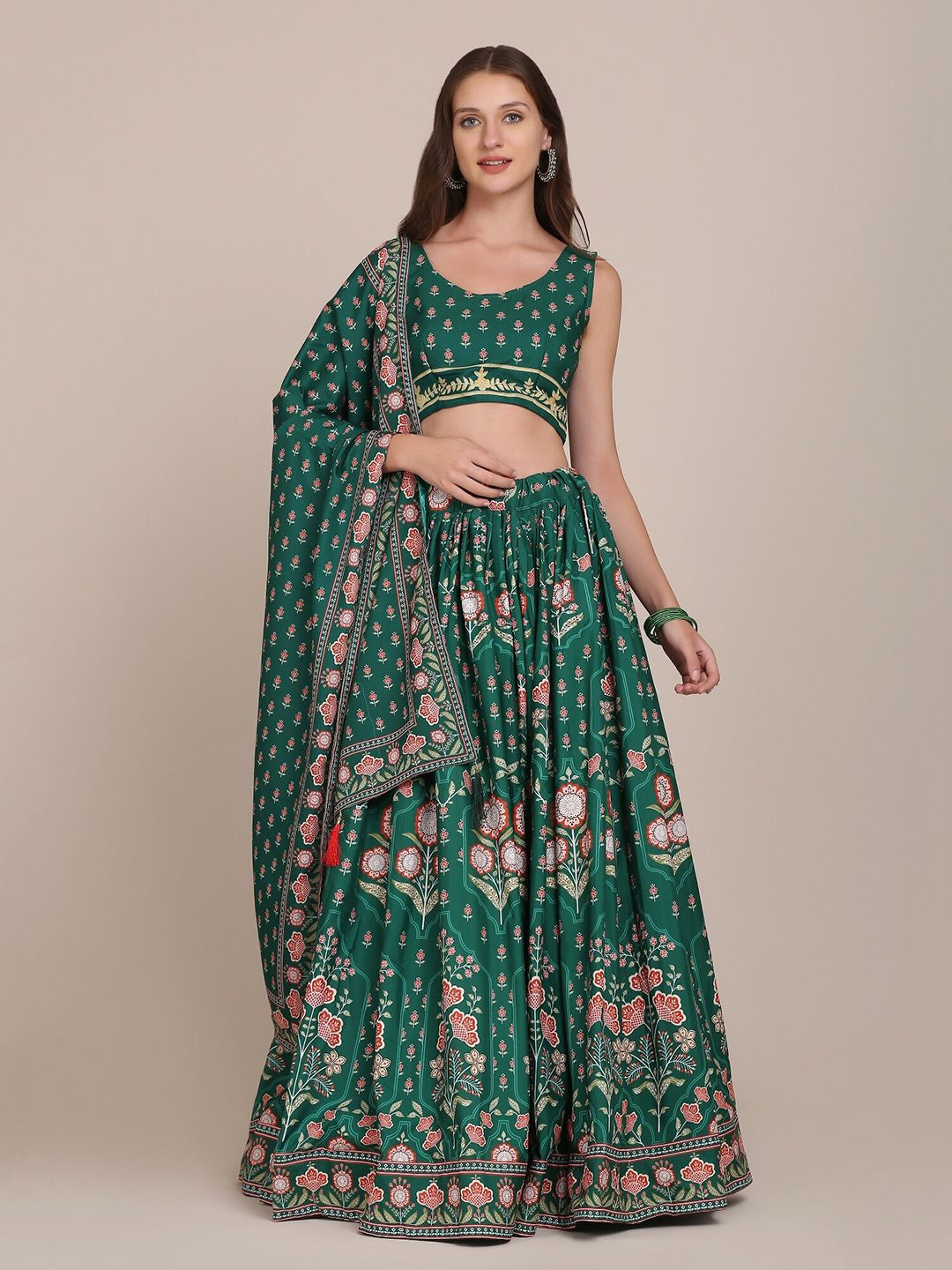 Warthy Ent Green & Peach-Coloured Printed Foil Semi-Stitched Lehenga & Blouse With Dupatta Price in India