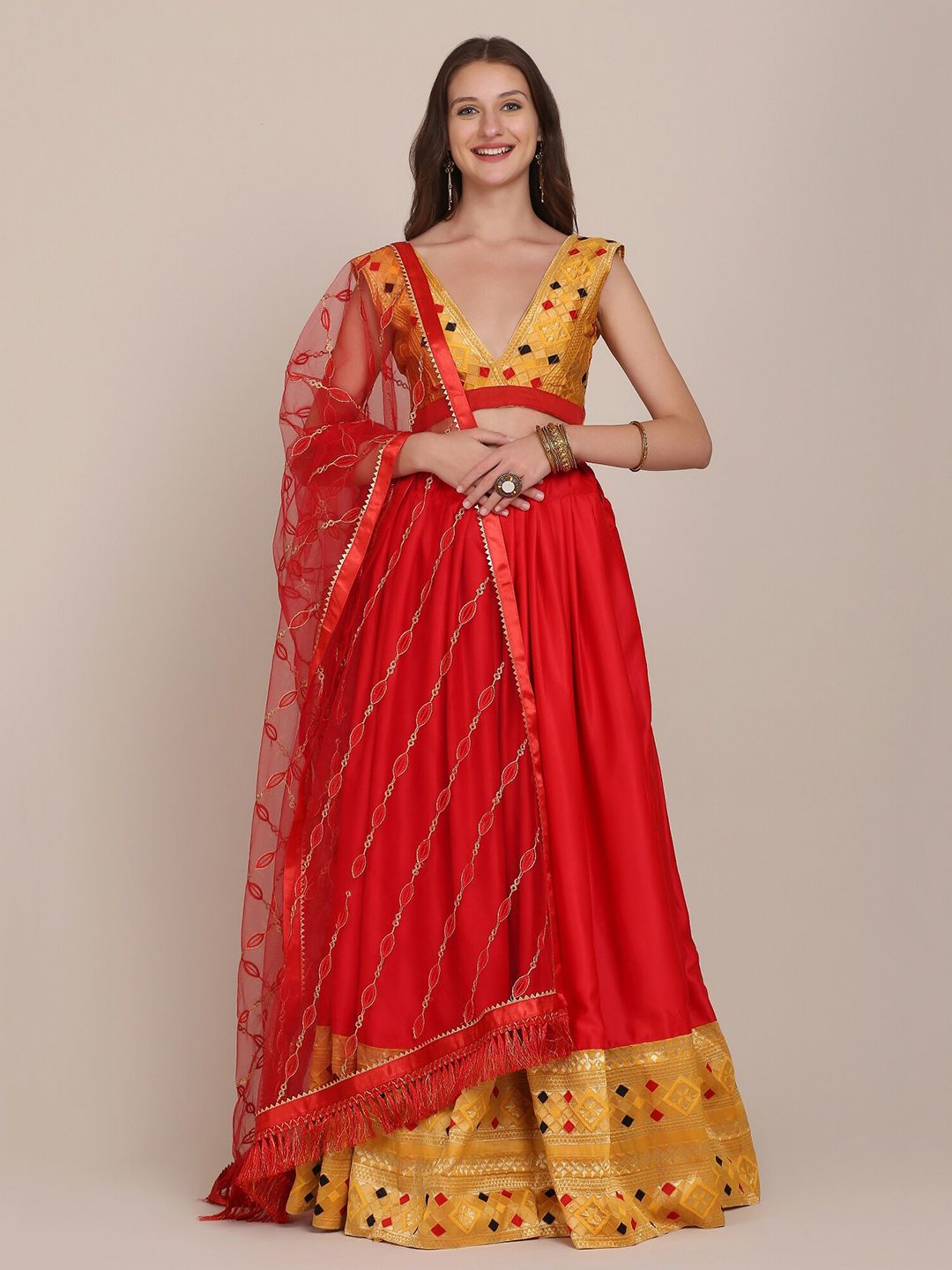 Warthy Ent Red & Gold-Toned Embroidered Thread Work Semi-Stitched Lehenga & Unstitched Blouse With Dupatta Price in India