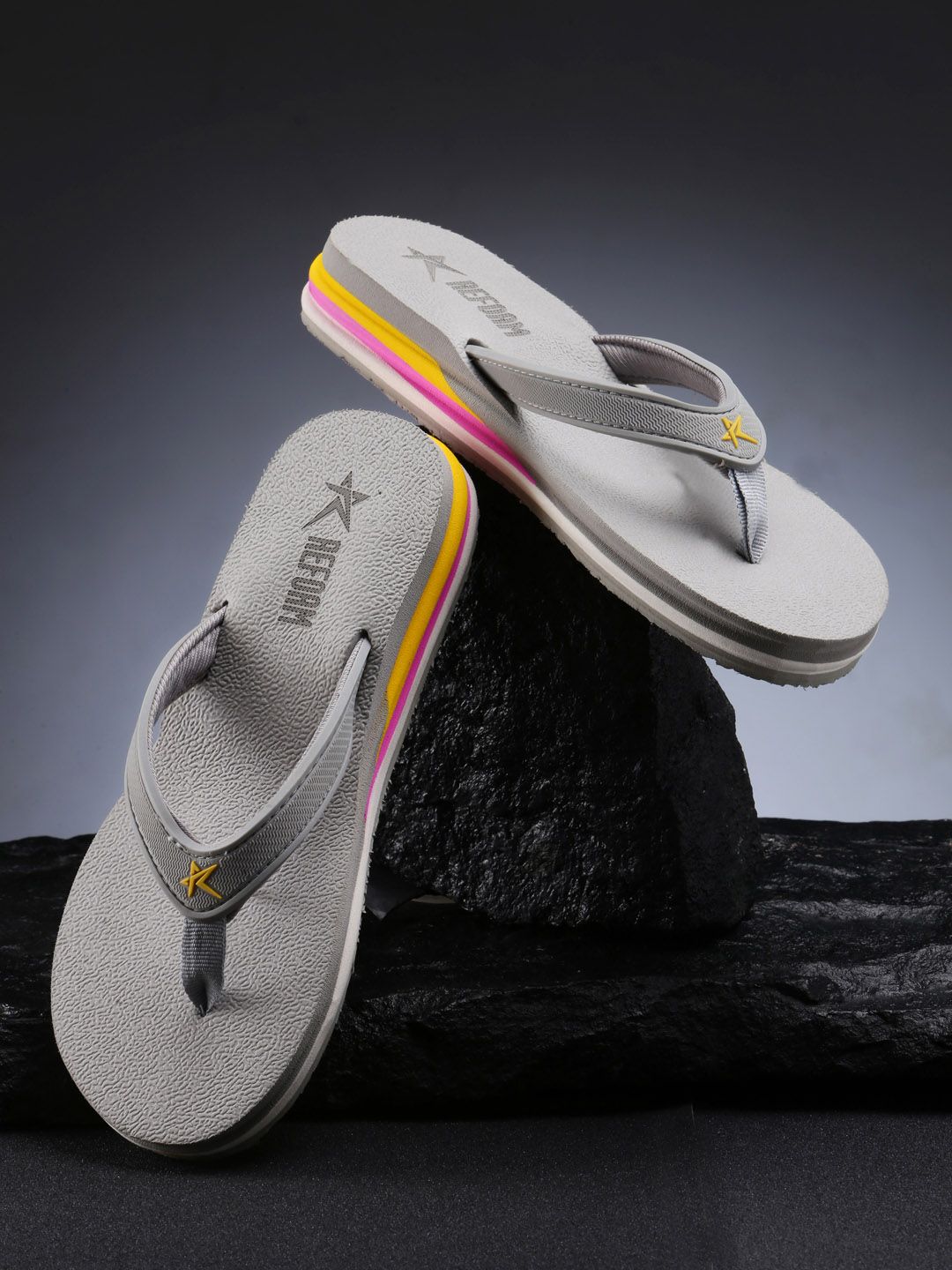 REFOAM Women Grey & Yellow Thong Flip-Flops Price in India