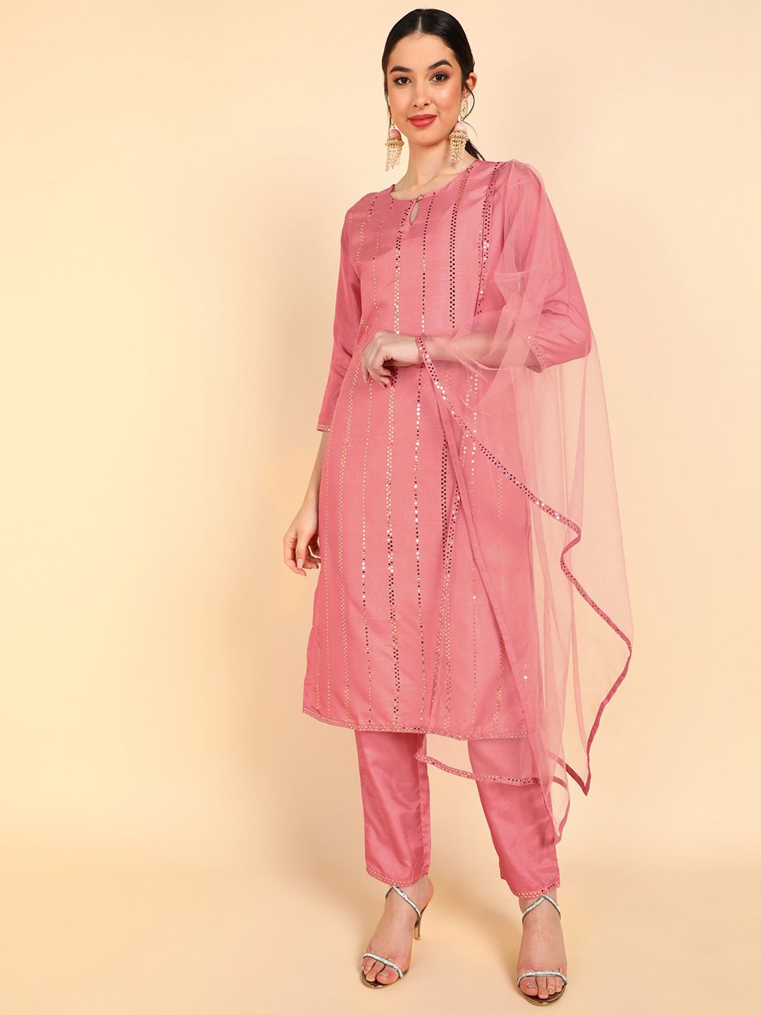 AHIKA Women Pink Embroidered Sequinned Kurta with Trousers & With Dupatta Price in India