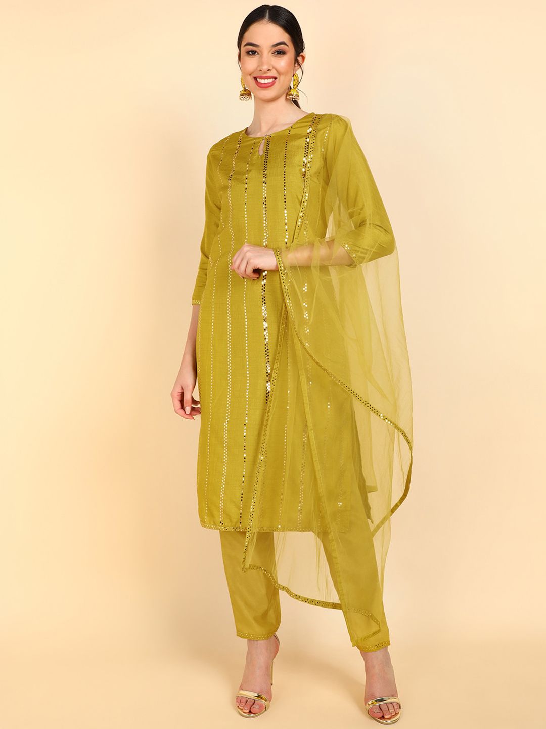 AHIKA Women Yellow Embroidered Kurta With Trousers & Dupatta Price in India