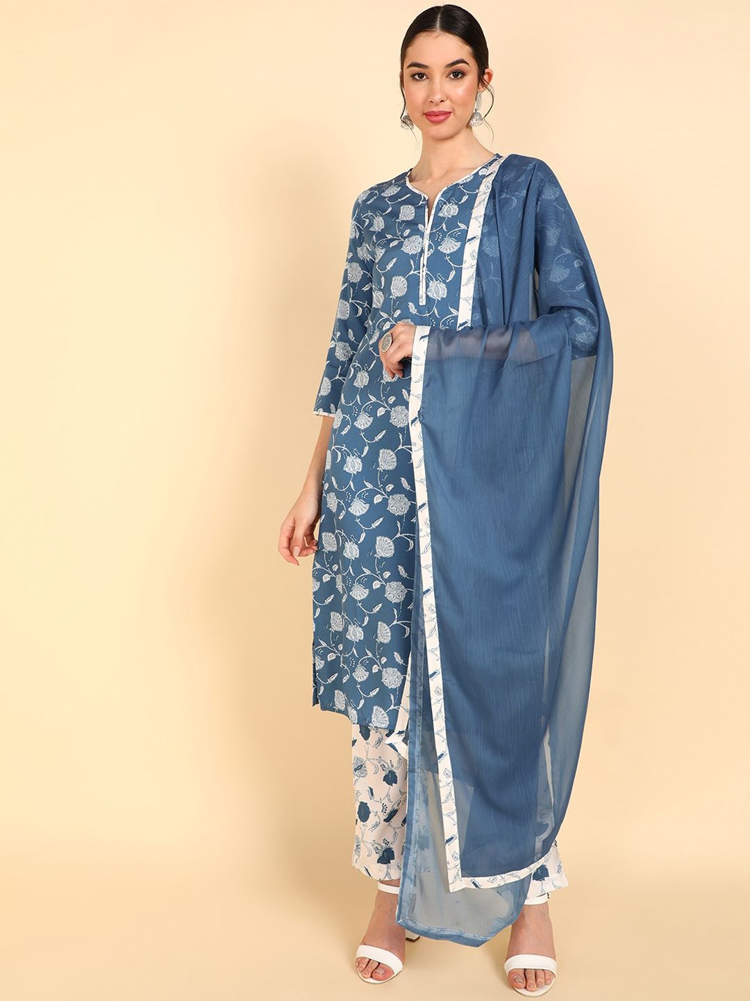 AHIKA Women Blue Floral Printed Kurta with Trousers & With Dupatta Price in India