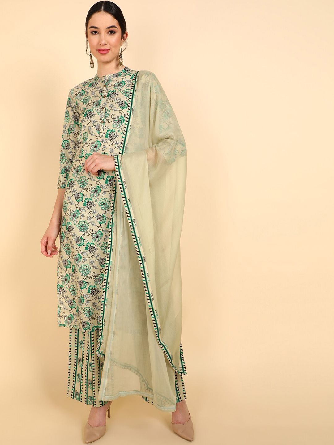 AHIKA Women Cream-Coloured Floral Printed Kurta with Trousers & With Dupatta Price in India