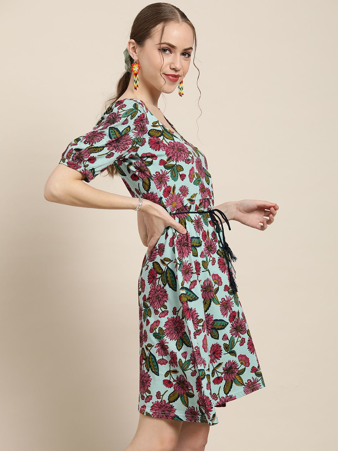 Sangria Women Blue & Pink Floral Printed A-Line Mini Dress Price in India