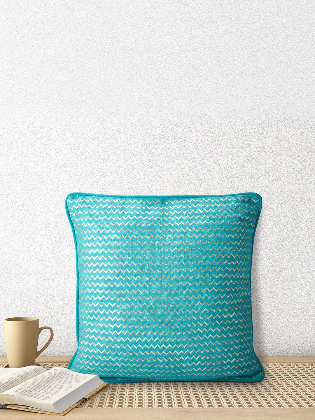 Living scapes by Pantaloons Turquoise Blue & Gold-Toned Striped Square Cushion Covers Price in India