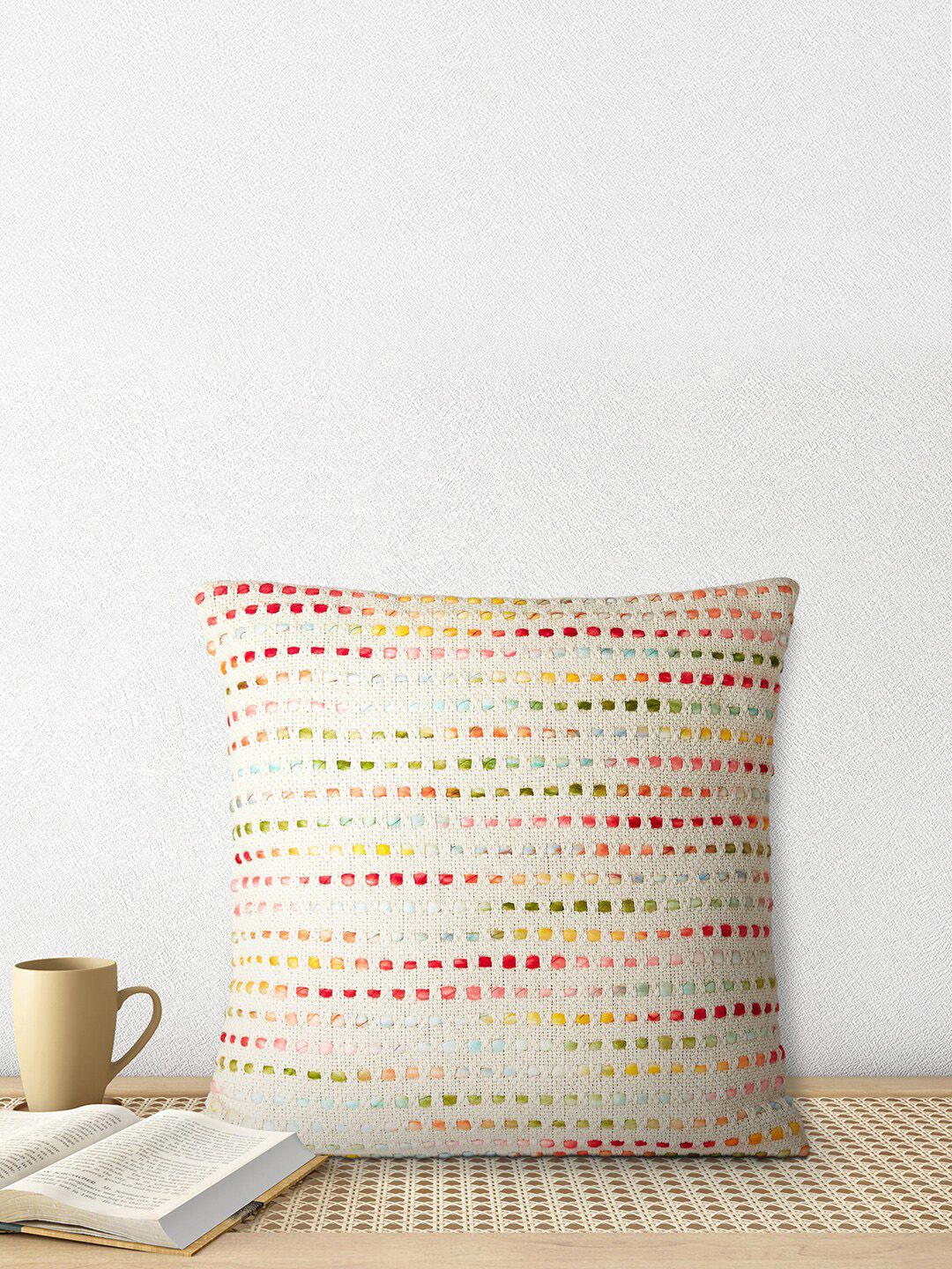 Living scapes by Pantaloons Off White & Green Abstract Pure Cotton Square Cushion Cover Price in India