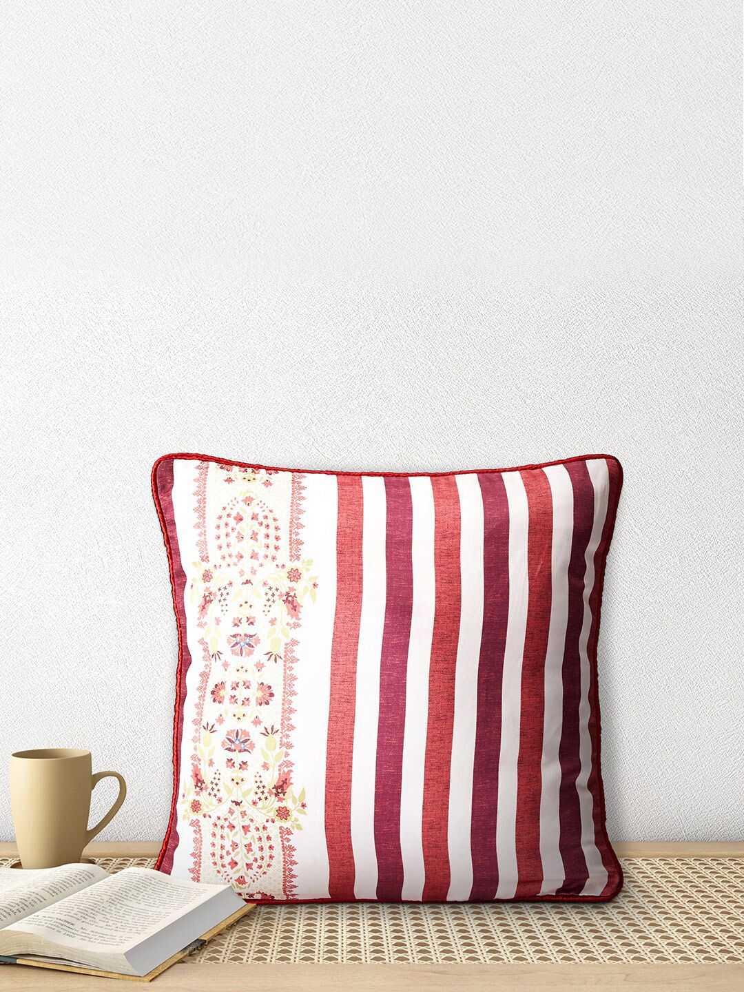 Living scapes by Pantaloons Maroon & Cream-Coloured Striped Square Cushion Covers Price in India