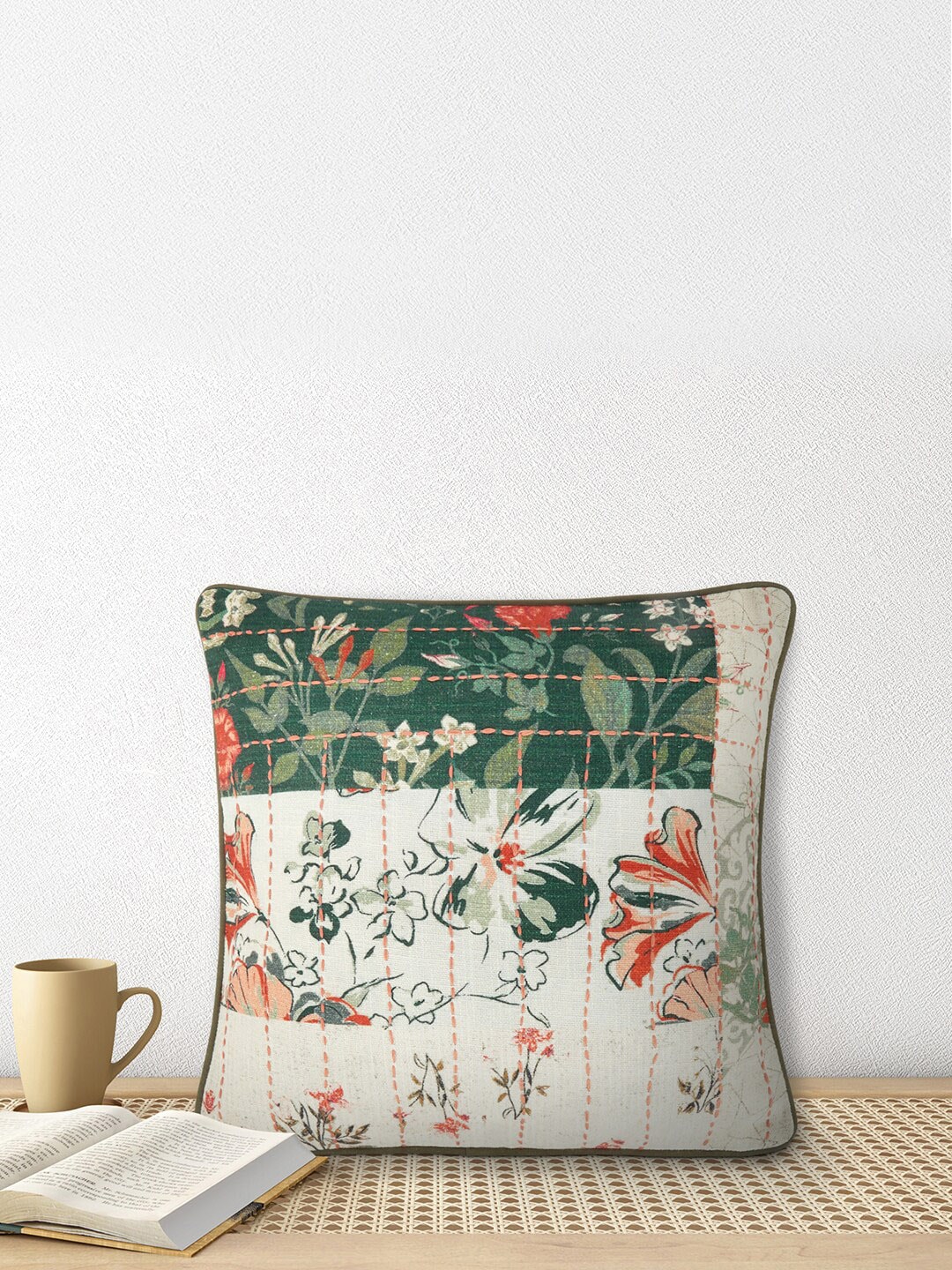 Living scapes by Pantaloons Off White & Green Embroidered Square Cushion Covers Price in India