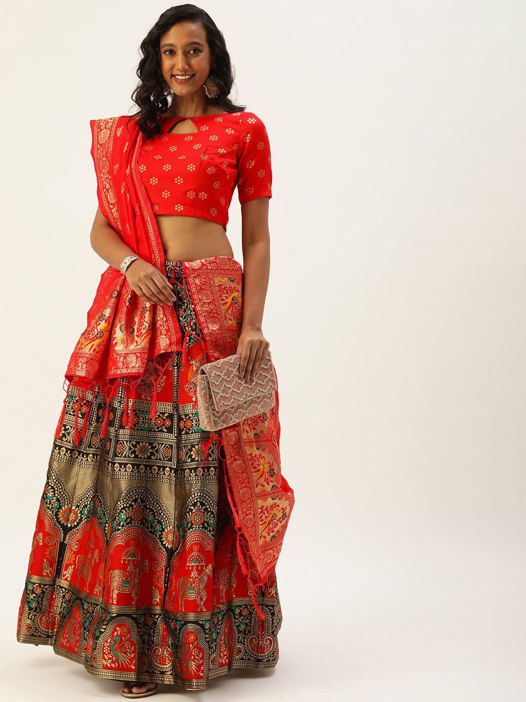 Pandadi Saree Black & Red Semi-Stitched Lehenga & Unstitched Blouse With Dupatta Price in India