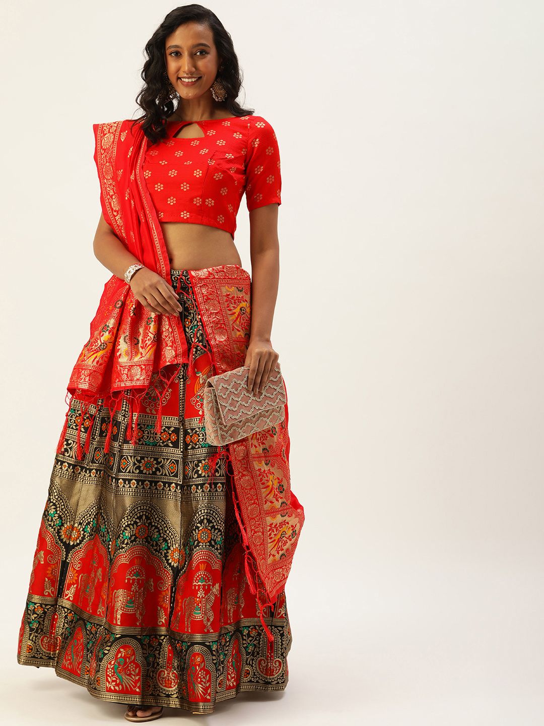 Pandadi Saree Black & Red Semi-Stitched Lehenga & Unstitched Blouse With Dupatta