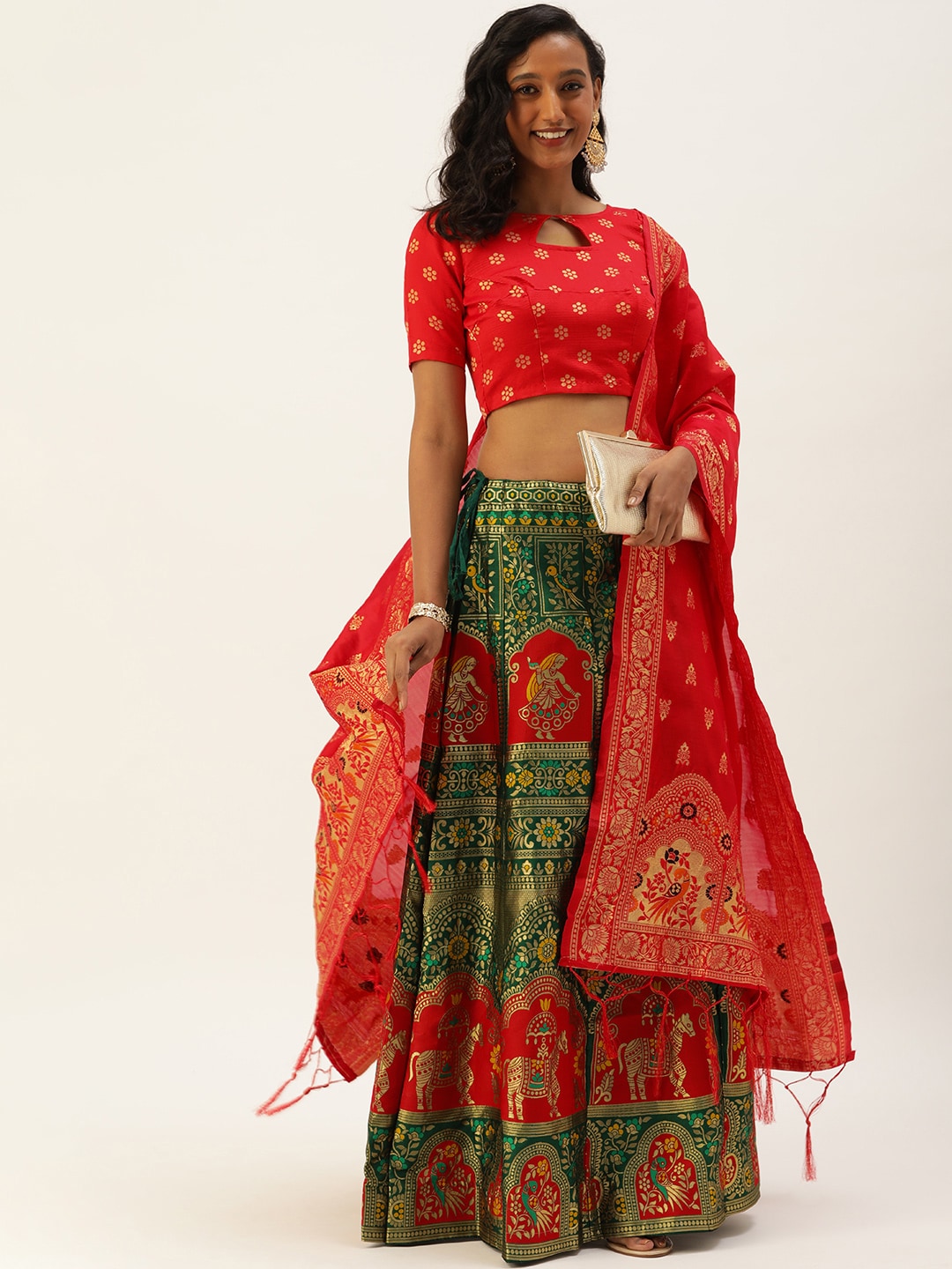 Pandadi Saree Green & Red Semi-Stitched Lehenga & Unstitched Blouse With Dupatta Price in India